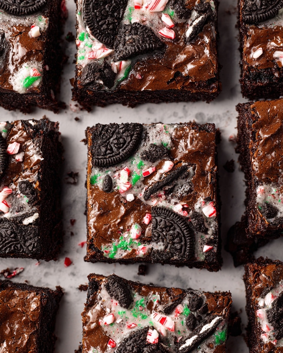 The image shows square brownie pieces arranged closely on a white marbled surface. Each brownie has a rich, dark brown base with a shiny, slightly cracked top layer. They are topped with broken pieces of black and white sandwich cookies, some fully visible and others partially buried in the brownie. Scattered over the brownies are small bits of red, white, and green crushed candy canes adding a colorful, festive touch with rough, uneven textures. The overall look is dense, chocolaty, and festive, with clear contrasts between the dark brownie, white cookie cream, and bright candy pieces. photo taken with an iphone --ar 4:5 --v 7