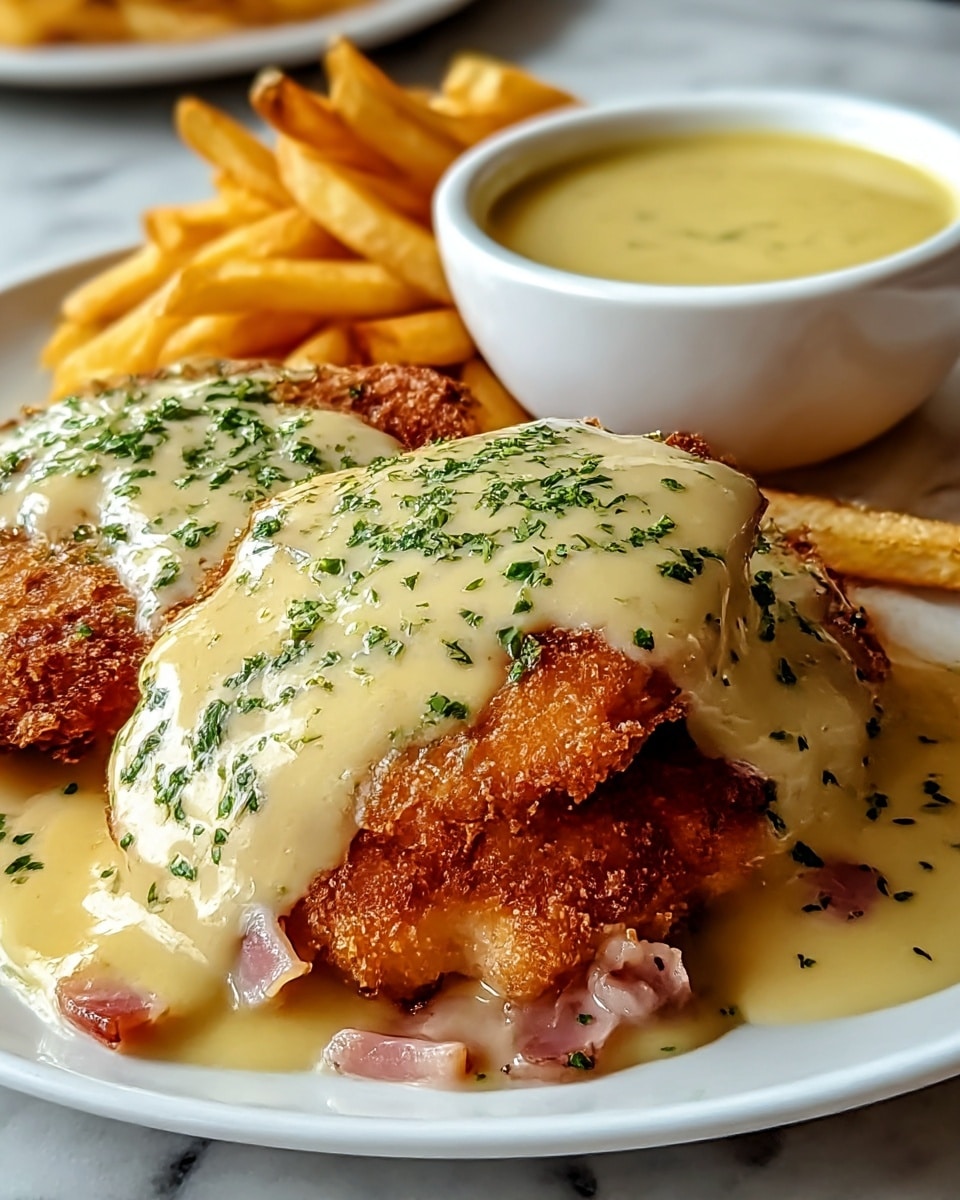 A white plate holds a crispy golden brown schnitzel layered twice, each layer topped with sliced ham and thick beige creamy sauce that drips over the sides, sprinkled with small green herb pieces. Behind the schnitzel, golden yellow fries stack loosely and to the side, a white bowl contains more creamy sauce. The plate sits on a white marbled surface. Photo taken with an iphone --ar 4:5 --v 7