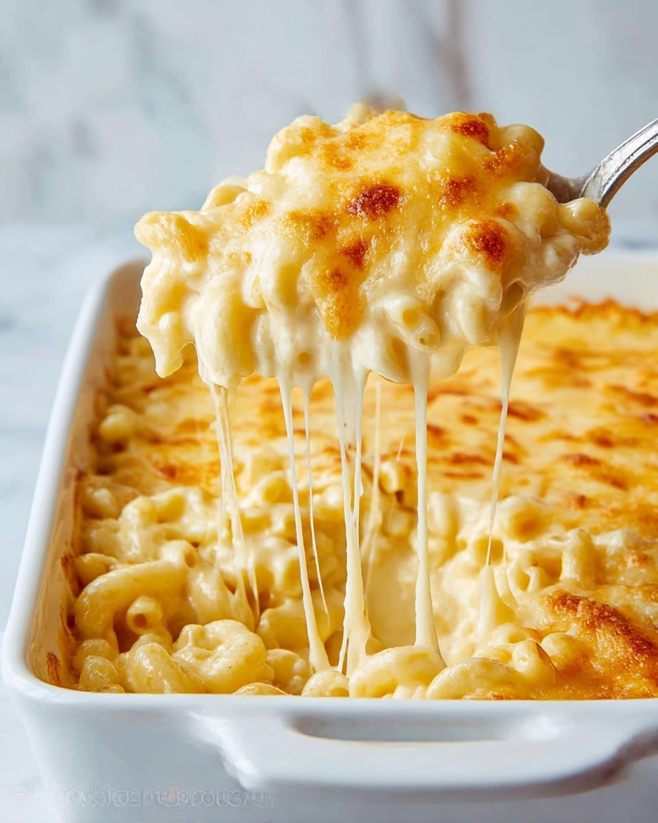 A white casserole dish filled with creamy macaroni and cheese, showing a lift of the dish with a metal spoon. The macaroni is coated in melted cheese, with long strings of gooey golden-yellow cheese stretching from the dish to the spoon. The top layer is baked, with small browned spots scattered across the surface. The pasta underneath looks soft and creamy, with a smooth white cheese sauce holding the elbow-shaped macaroni together. The background is a white marbled texture. photo taken with an iphone --ar 4:5 --v 7