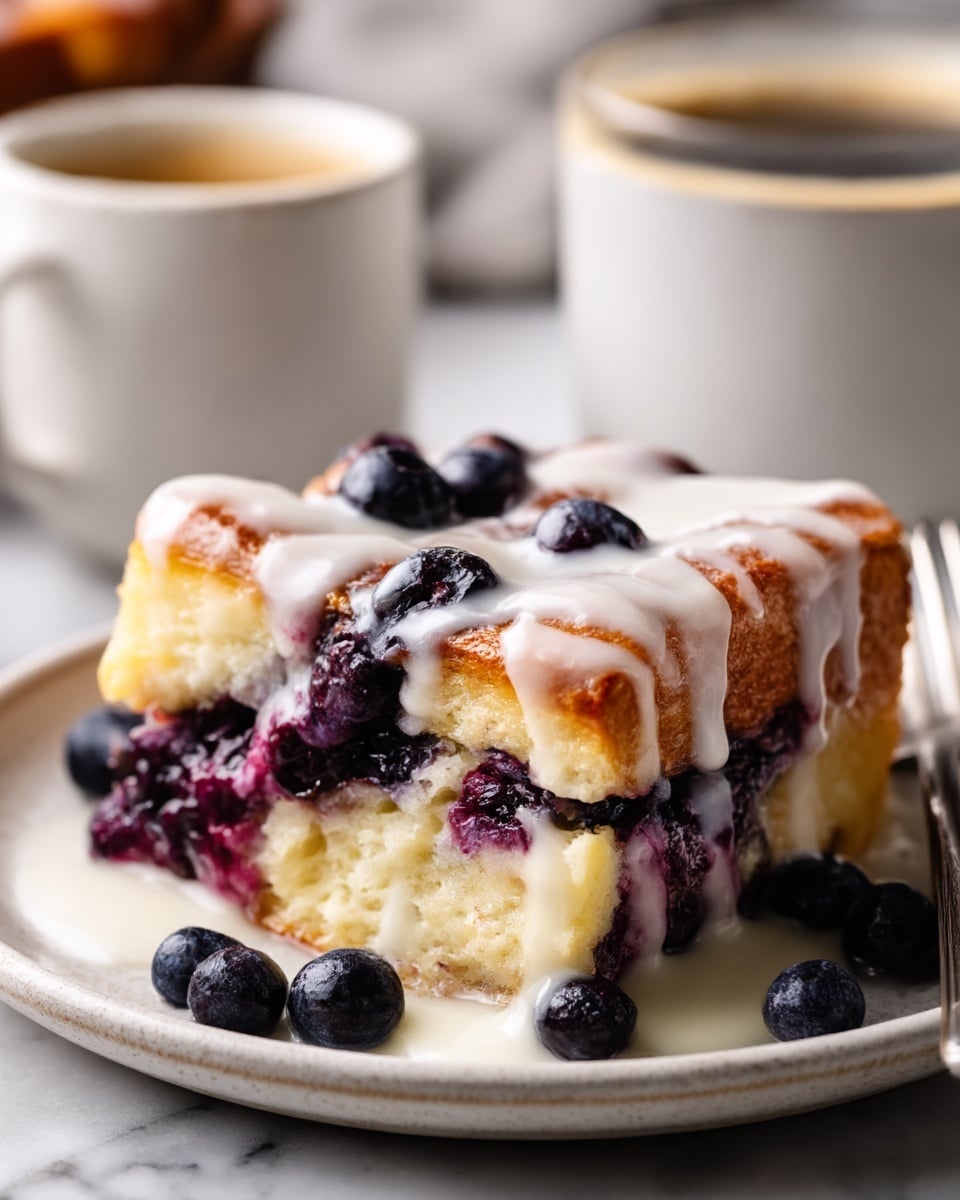 A white plate holds a thick slice of a baked berry dessert with three visible layers: the bottom layer is a golden, soft cake lightly soaked and studded with dark blueberries, the middle is creamy and pale with swirls of melted berries, and the top layer is golden brown with a sprinkle of powdered sugar and a generous pile of fresh blueberries. A glossy white glaze is drizzled over the top, dripping slightly down the sides. In the background, a white cup of coffee sits on a white marbled surface, adding a warm tone to the soft, natural light scene. photo taken with an iphone --ar 4:5 --v 7
