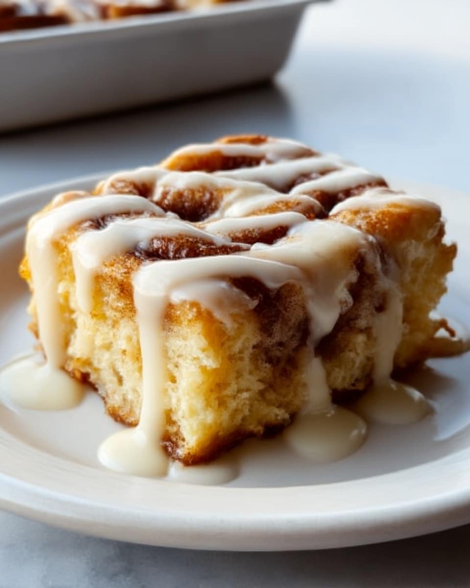 A close-up view of a thick cinnamon roll placed on a white plate, showing soft, fluffy golden-brown layers spiraled together with a visible swirl of cinnamon and sugar filling. The top is unevenly covered with a creamy white glaze that drips down the sides, pooling gently on the plate. The background is a white marbled texture, and light catches on the glossy glaze, highlighting the rich texture of the dough underneath. photo taken with an iphone --ar 4:5 --v 7