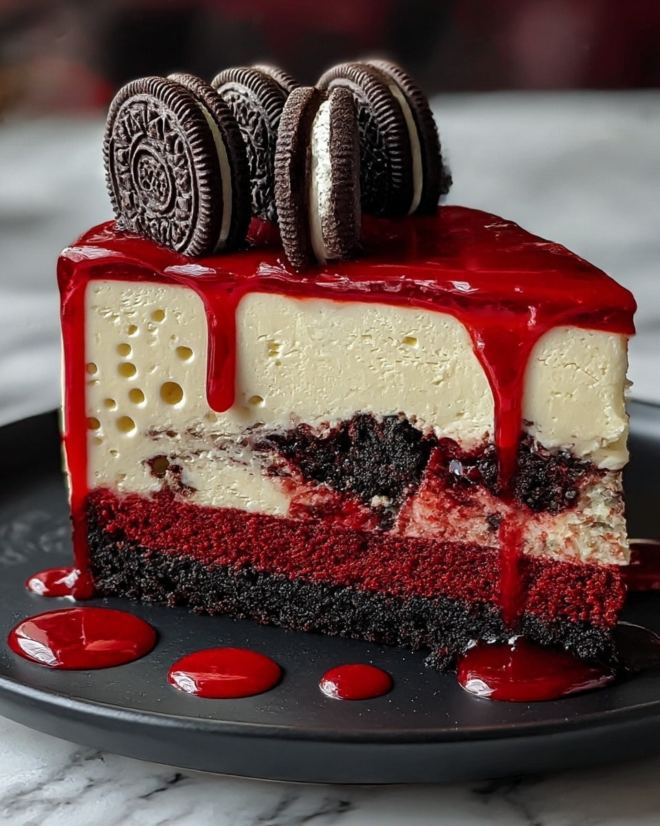 A slice of layered cake on a white plate with a dark chocolate crumb base, followed by a thick creamy white layer with a smooth texture. Above this is a vibrant red layer mixed with chunks of dark chocolate cookie pieces, giving a crumbly and textured look. The top is covered with a glossy red sauce that drips down the sides, and four chocolate sandwich cookies are placed upright on the sauce. Some drops of the red sauce are on the plate around the slice. The background is a white marbled texture. photo taken with an iphone --ar 4:5 --v 7