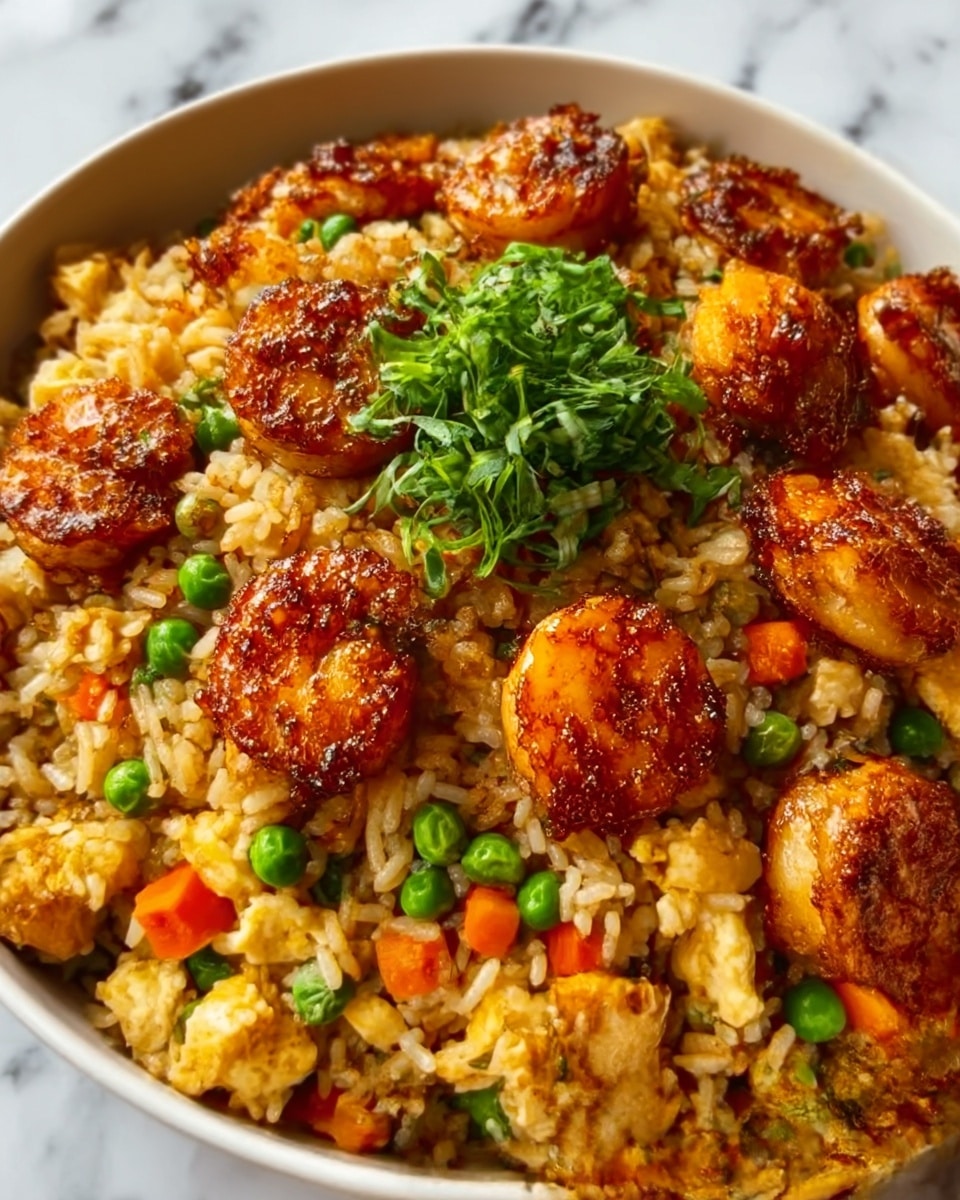 A white bowl filled with a colorful fried rice dish featuring multiple layers and textures; the base layer is fluffy white rice mixed with small pieces of green peas and orange carrots, topped with golden scrambled egg bits scattered throughout. On top of the rice are dark brown, crispy glazed chicken pieces that add contrast and texture. A small bunch of fresh green herbs sits in the center as a garnish, adding a fresh touch. The bowl is set on a white marbled surface. photo taken with an iphone --ar 4:5 --v 7