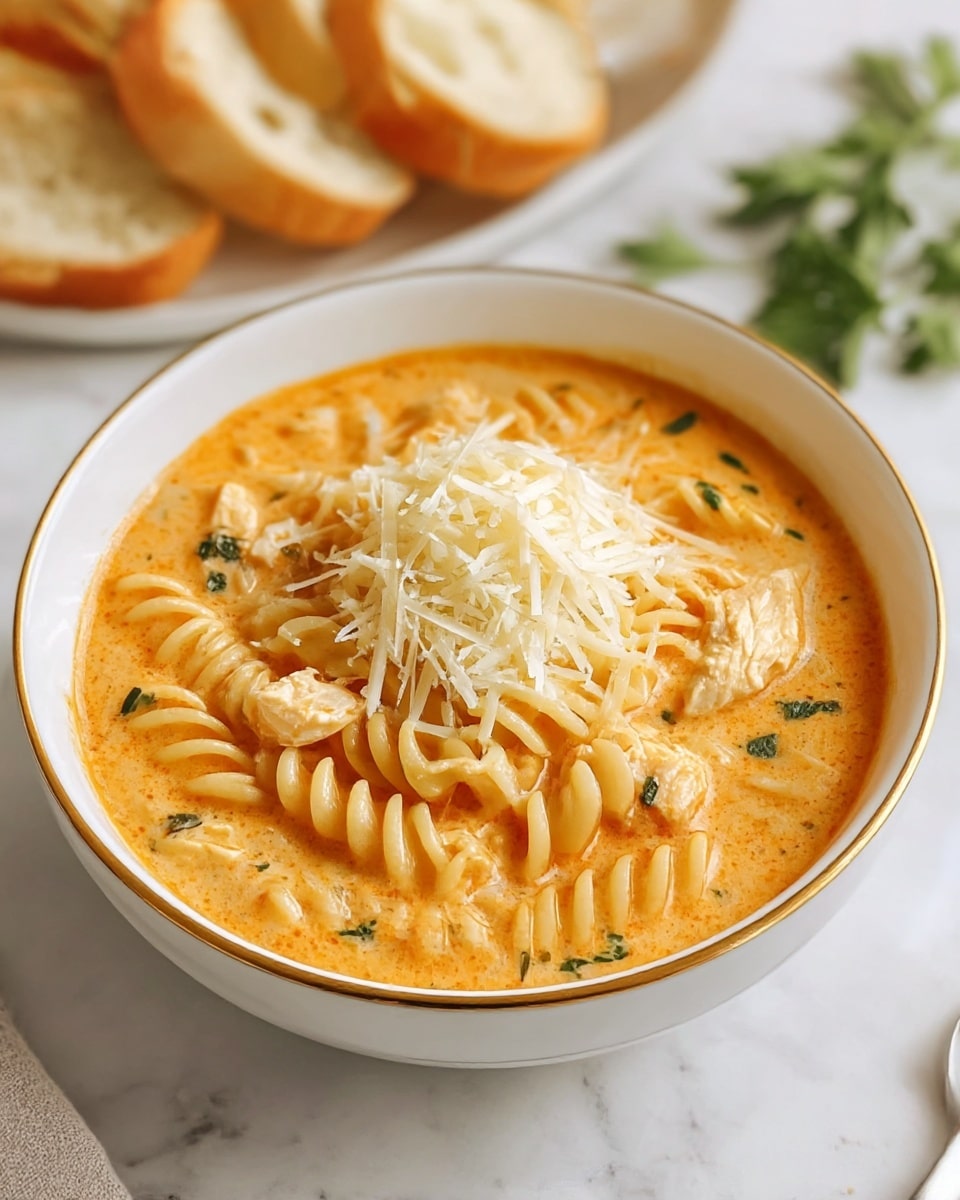 A white bowl with a thin gold rim filled with a creamy orange soup containing spiraled rotini pasta and chunks of chicken. The soup is topped with a generous pile of light shredded cheese and small green herb pieces scattered on top and around the pasta. The bowl sits on a white marbled surface with parts of sliced bread and some green parsley leaves visible nearby. photo taken with an iphone --ar 4:5 --v 7