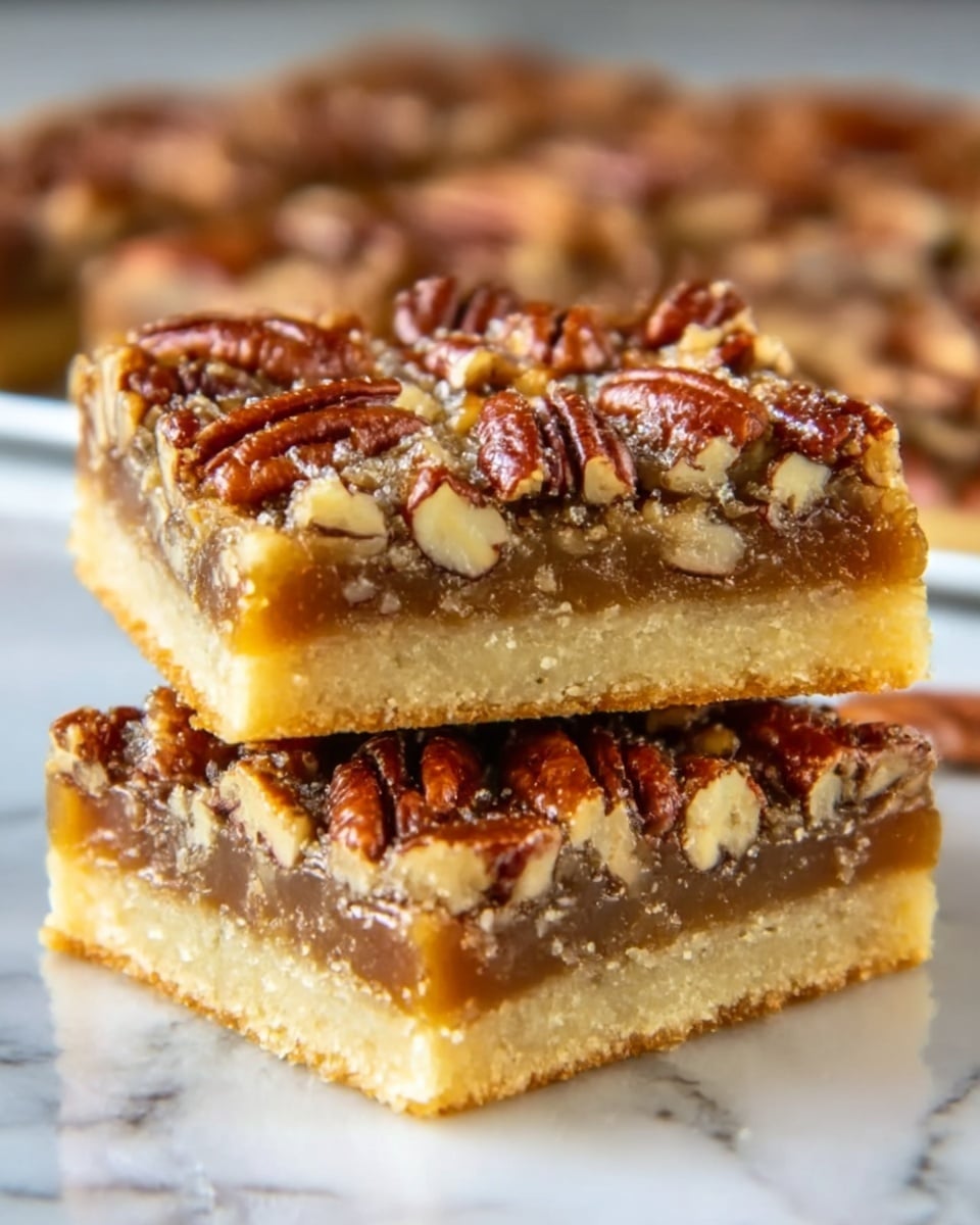 The image shows two square pecan bars stacked on top of each other on a white marbled surface. Each bar has three layers: a golden brown, crumbly crust at the bottom; a gooey, caramel-colored filling in the middle; and a top layer thickly covered with shiny, toasted pecan halves and pieces in rich brown tones. The texture of the pecans looks crunchy, contrasting with the smooth filling and firm crust. In the background, more pecan bars are slightly out of focus. The photo taken with an iphone --ar 4:5 --v 7
