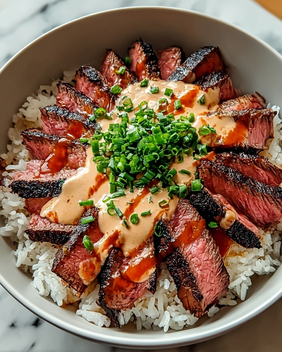 A bowl filled with three layers: the bottom layer is white sticky rice with visible grains; on top of the rice, there are thick slices of grilled steak, showing charred black edges and pink centers; the steak is covered with a creamy beige sauce that has a smooth texture, drizzled with a darker reddish-brown sauce in thin lines; fresh, bright green chopped chives are sprinkled on the sauce, adding a fresh pop of color. The bowl is white with a smooth finish, and the whole dish is placed on a surface with white marbled texture. photo taken with an iphone --ar 4:5 --v 7