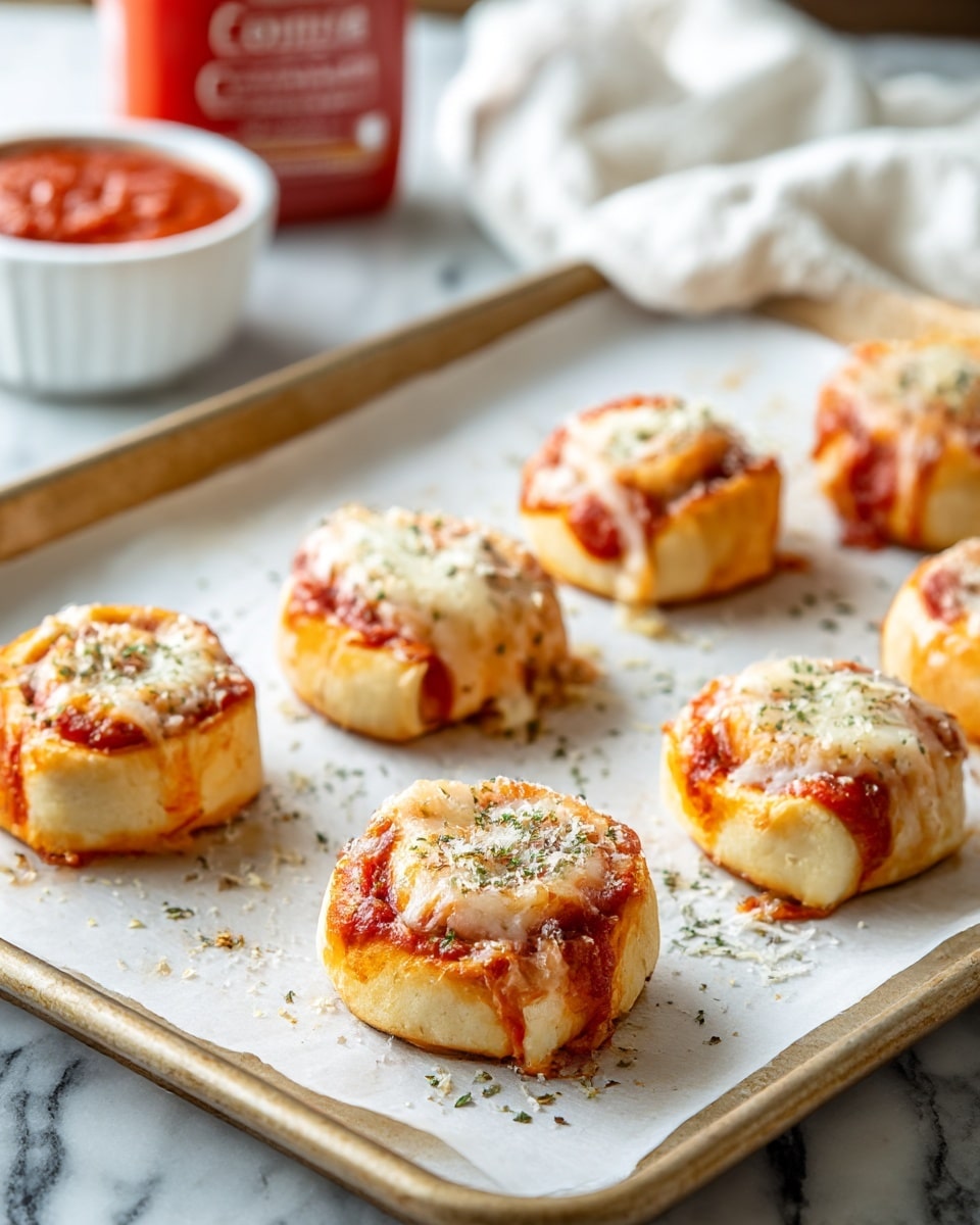 Eight small rolled rectangles of baked dough are lined up on a baking sheet covered with parchment paper. Each roll has melted white cheese on top with some browned spots and melted red tomato sauce peeking at the edges. There is a light sprinkling of herbs and grated cheese on top of the rolls and parchment paper. In the background, a red bottle is slightly blurred on a white marbled surface. The rolls look warm and freshly baked. photo taken with an iphone --ar 4:5 --v 7