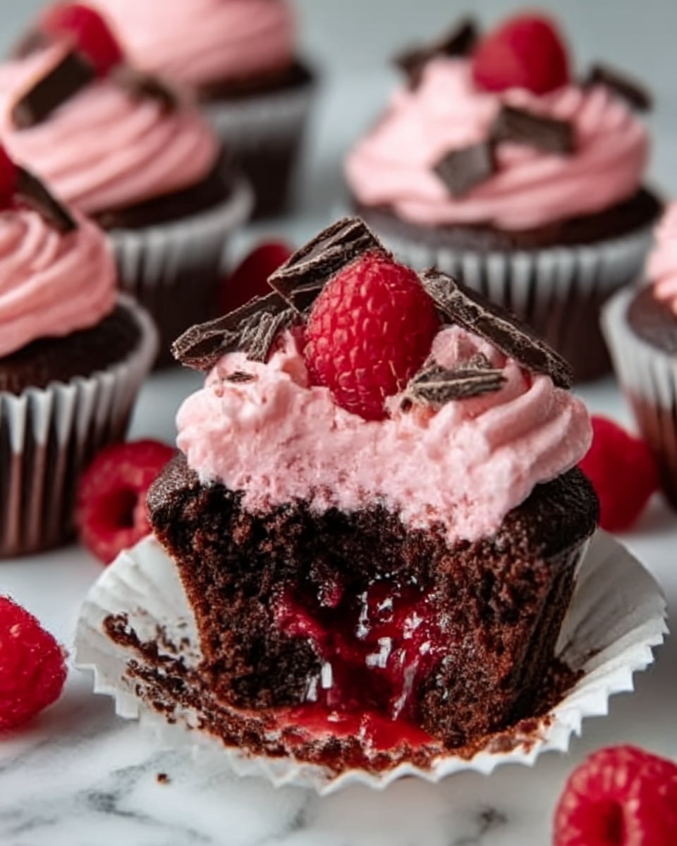 The image shows a close-up of five chocolate cupcakes with pink frosting. Each cupcake is in a white cupcake liner, and the frosting is swirled on top with a smooth, creamy texture. One cupcake in front is bitten, revealing a dark red, gooey fruit filling inside, with the chocolate cake looking moist and dense. On top of each cupcake, there is a fresh red raspberry and small pieces of dark chocolate scattered on the frosting. The cupcakes are placed on a white marbled surface, with a woman's hand gently holding the bitten cupcake. Photo taken with an iphone --ar 4:5 --v 7