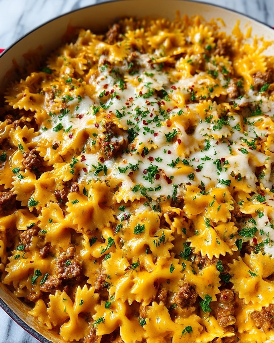 A close-up view of a large white pan filled with a pasta dish made from bowtie-shaped pasta pieces. The pasta is coated in a bright yellow-orange melted cheese sauce, mixed with browned ground meat chunks scattered evenly throughout. On top, there is a layer of melted white cheese that looks smooth and slightly stringy, with green parsley flakes sprinkled across for color and some red chili flakes adding small pops of red. The overall texture is creamy and rich with visible soft pasta edges and meaty bits nestled between. The pan sits on a white marbled surface. photo taken with an iphone --ar 4:5 --v 7