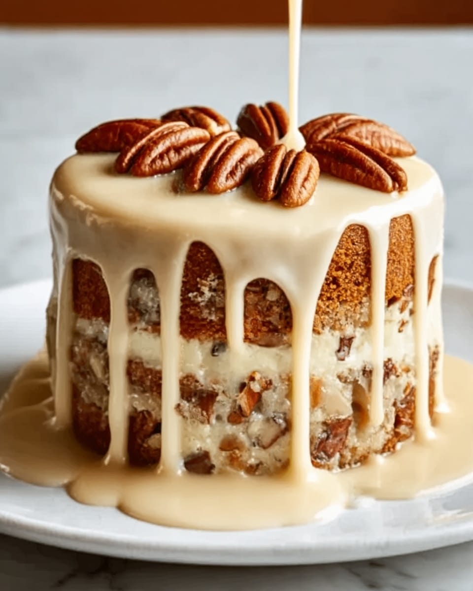 The image shows a small, square cake on a white plate, placed on a white marbled surface. The cake has three visible layers, with a light brown color mixed with bits of nuts inside. A thick, creamy beige sauce is poured over the top, dripping down the sides. The top layer is covered with the sauce and decorated with whole pecans arranged neatly. The texture looks moist and rich, and the sauce adds a glossy shine to the cake. photo taken with an iphone --ar 4:5 --v 7