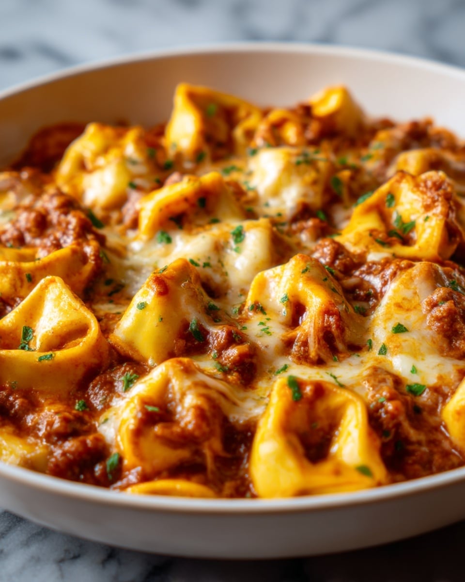 The image shows a close-up view of a deep white dish filled with a rich, creamy pasta. The pasta appears to be tortellini, each piece plump and coated in a thick, reddish-brown meat sauce mixed with melted cheese, which looks gooey and golden-brown on top. The sauce glistens with a slightly oily texture and is speckled with small green herbs scattered across the surface. The edges of the dish have a light browning, suggesting it has been baked. The background features a white marbled texture. Photo taken with an iphone --ar 4:5 --v 7
