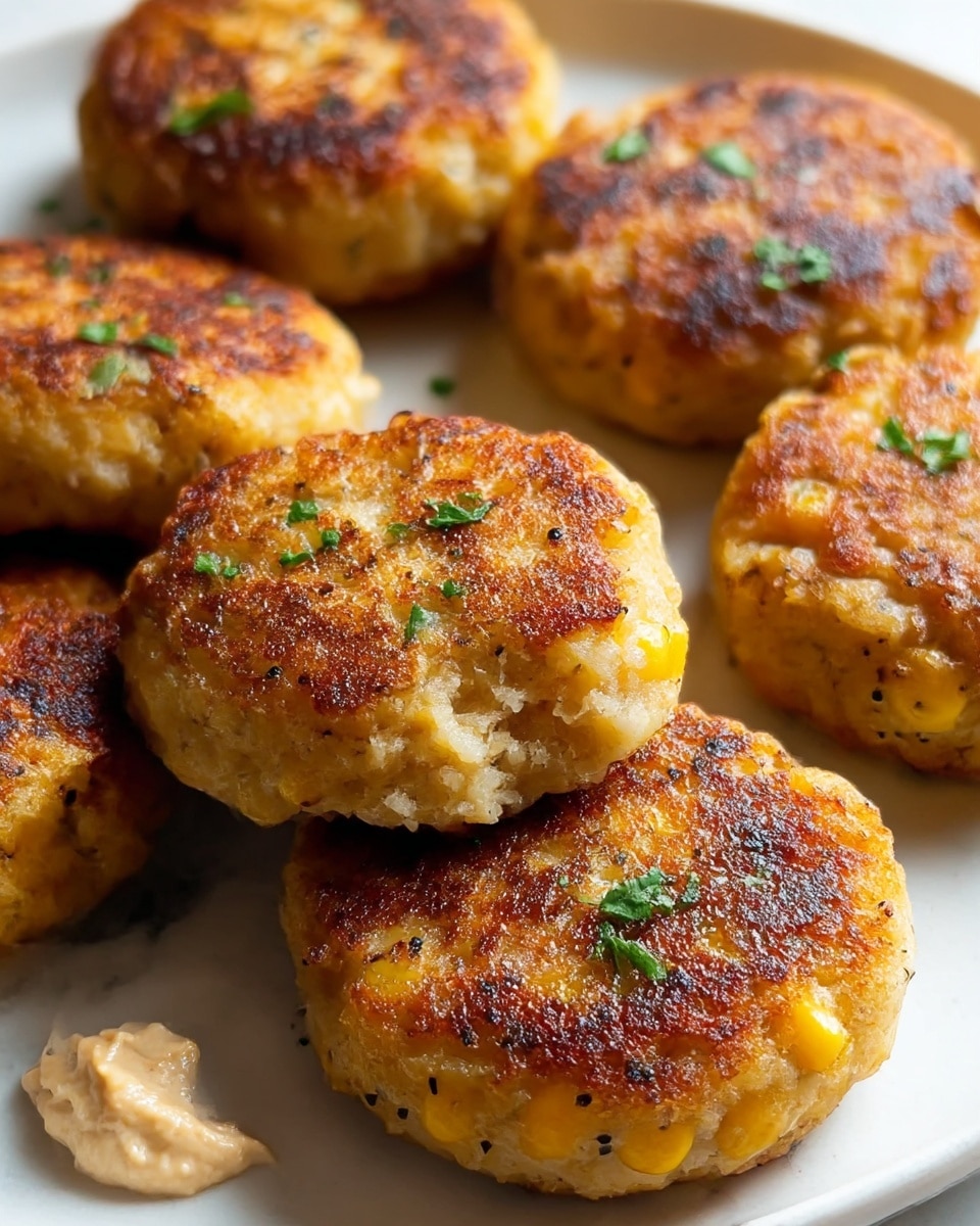 The image shows several round, golden-brown patties with a crispy, textured surface, some darker spots from frying, and small bits of corn visible inside. Each patty is topped with tiny green herb pieces scattered lightly. They are placed closely together on a white plate, which rests on a white marbled surface. In the background, there is a small dollop of a creamy light beige sauce with some herbs on it. The overall look is warm and appetizing with a well-cooked, crunchy outer layer. photo taken with an iphone --ar 4:5 --v 7