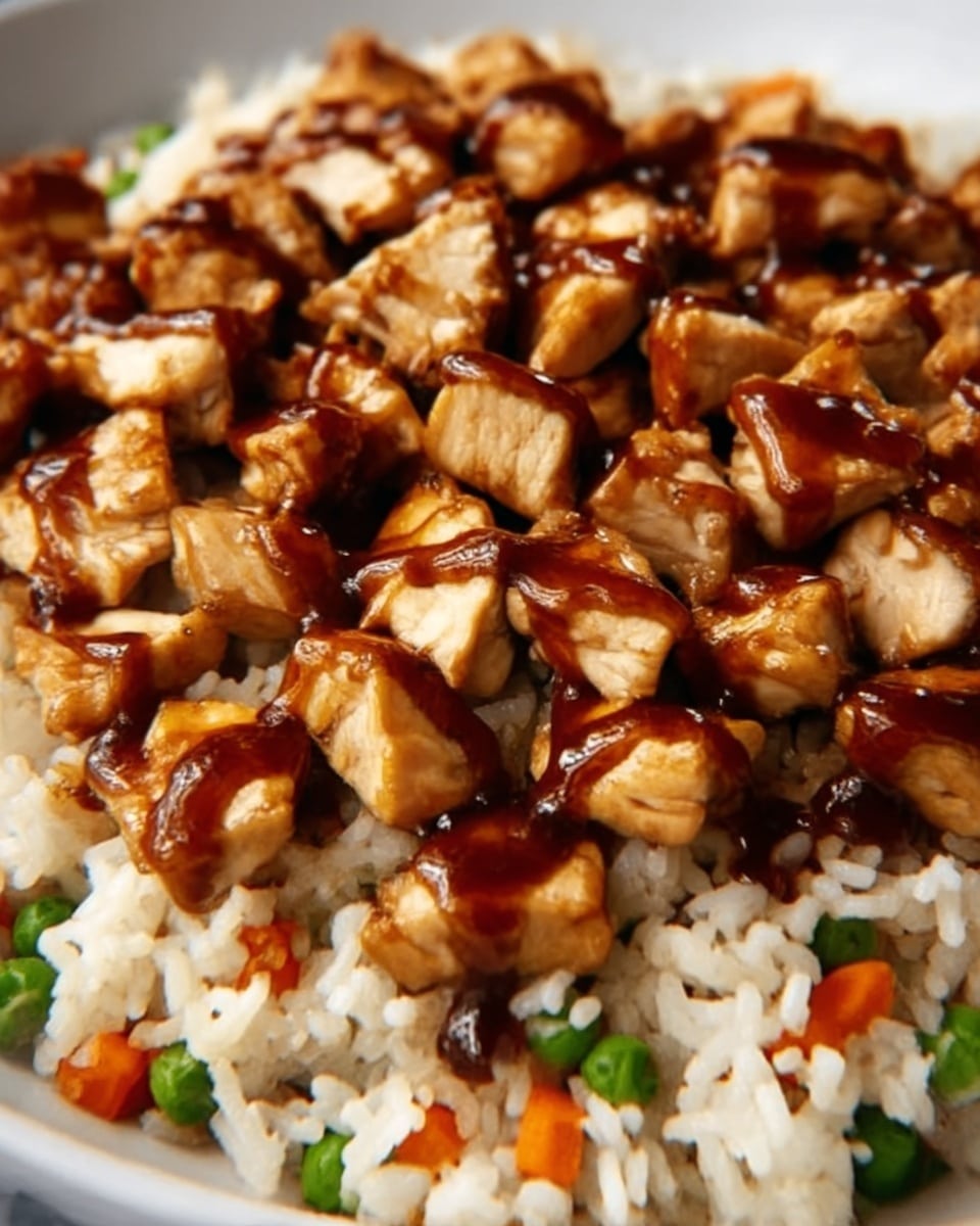 The image shows a close-up of a white bowl filled with fried rice at the bottom layer, containing pieces of small diced carrots, green peas, and scrambled egg scattered throughout. On top of the rice, there is a layer of grilled chicken chunks coated in a glossy, dark brown sauce, giving a shiny and sticky texture. The chicken pieces are spread evenly across the rice, showcasing their bright brown, slightly charred surface. The background is a white marbled texture. Photo taken with an iphone --ar 4:5 --v 7