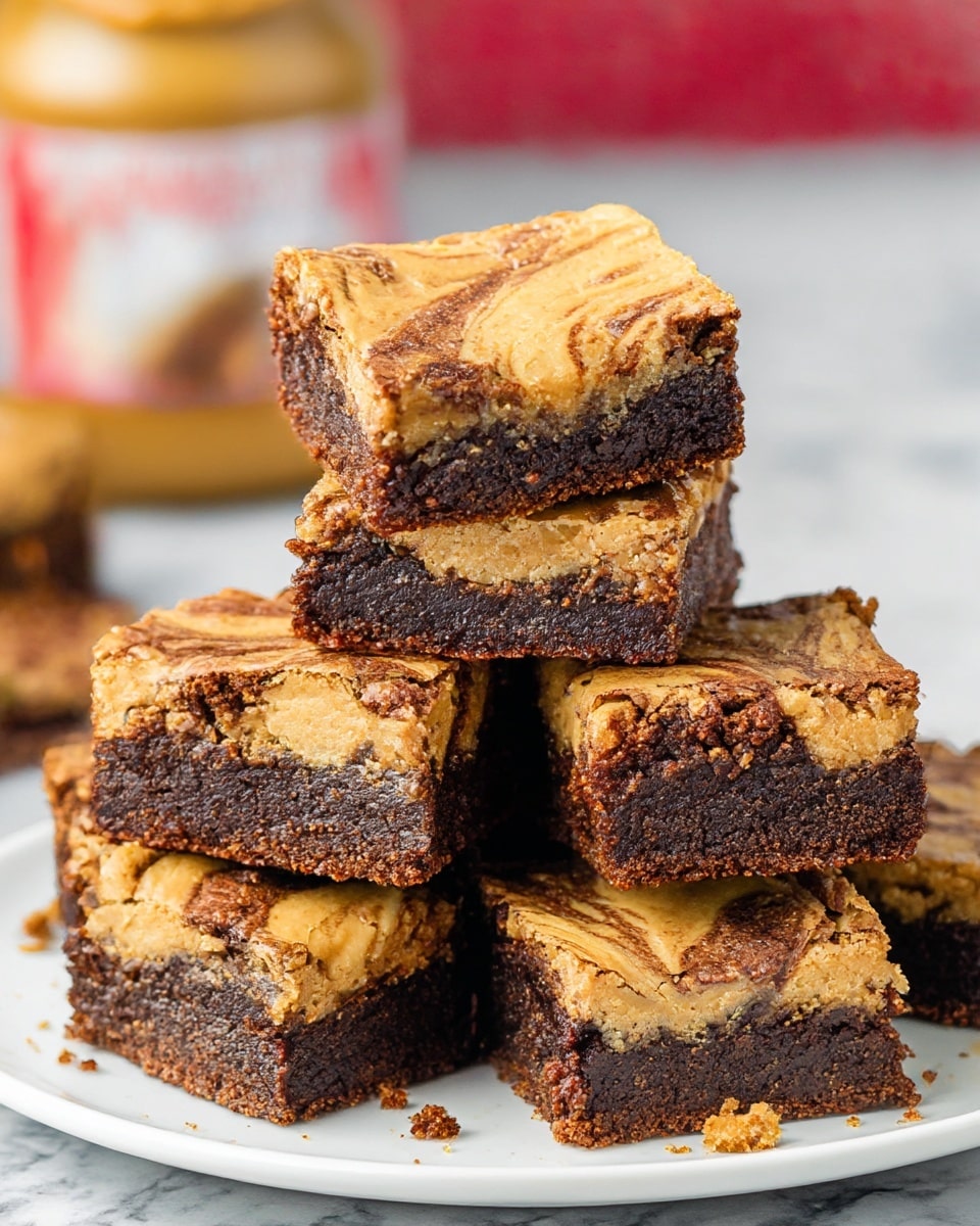 A white plate stacked with eight thick square brownies, each having two clear layers: a dense, dark brown chocolate base and a smooth, light brown peanut butter swirl layer on top, creating a marbled pattern. The brownies have a slightly crumbly edge and a moist inside, showing a rich texture. The stack is set on a white marbled surface, with some peanut butter cookies and crumbs scattered nearby, and a blurry peanut butter jar in the background. photo taken with an iphone --ar 4:5 --v 7