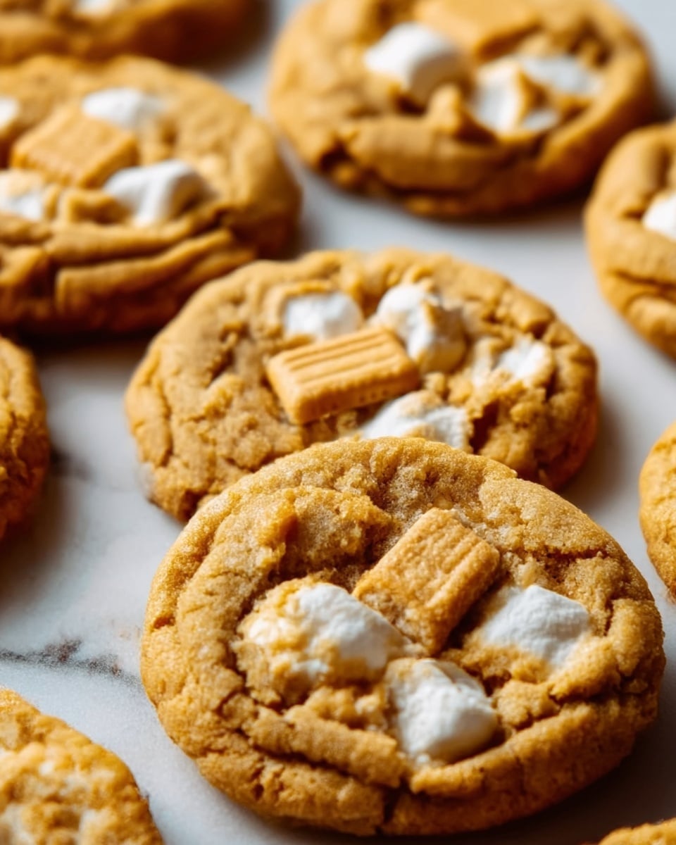 A close-up image of several soft cookies on a white marbled surface, each cookie has a golden brown color with a slightly crunchy texture, topped with small white marshmallows and rectangular biscuit pieces that add a different shade of light brown, the cookies are thick and round with visible crumbs around, showing a rich, gooey texture inside. photo taken with an iphone --ar 4:5 --v 7