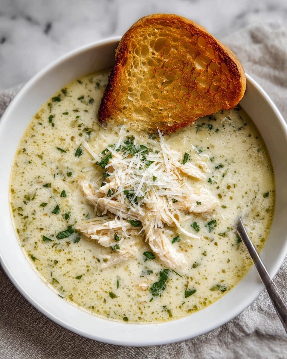 A white bowl filled with creamy, light beige soup with visible shredded chicken pieces in the center, sprinkled with chopped green herbs and grated pale yellow cheese on top. The soup surface shows small bubbles and a hint of green oil droplets. A large toasted bread slice with a golden-brown crust leans on the bowl edge. A spoon with a reflective metal surface rests inside the bowl near the bottom right. The bowl is set on a soft beige cloth over a white marbled surface. Photo taken with an iphone --ar 4:5 --v 7