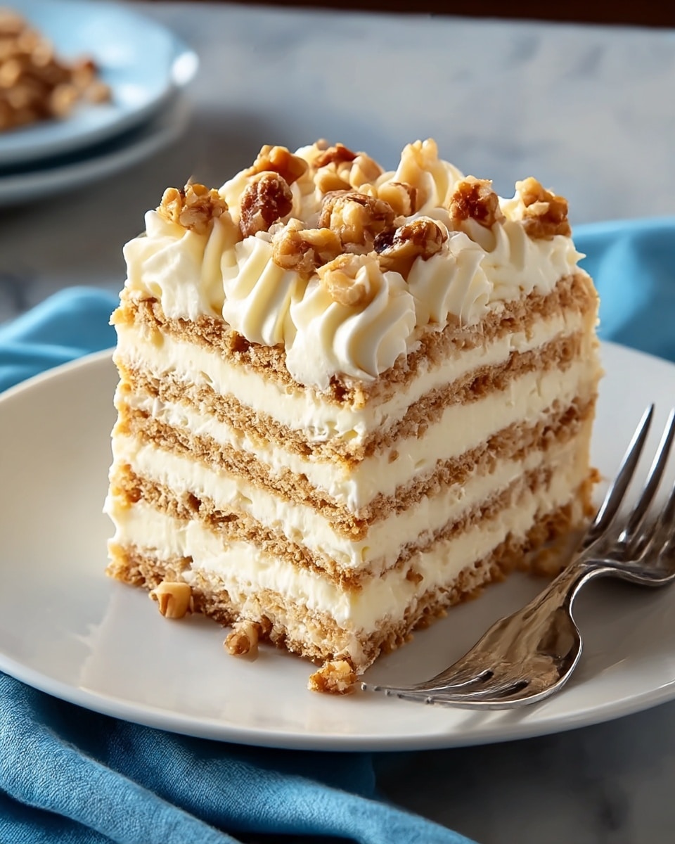 A slice of layered dessert with five visible layers where alternating layers of light creamy white filling and crumbly brown cake create a soft textured look; the top is decorated with swirls of smooth white cream and sprinkled with small pieces of brown nuts, sitting on a white plate with a shiny silver fork nearby, all placed on a white marbled surface. photo taken with an iphone --ar 4:5 --v 7