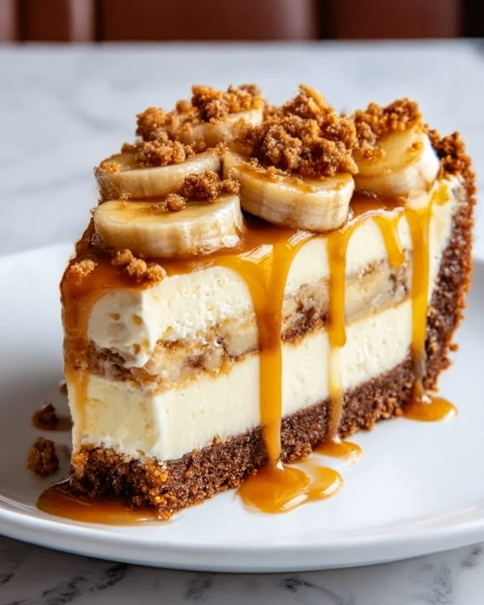 The image shows a slice of creamy cheesecake on a white plate. The cheesecake has three visible layers: a dark brown crumbly crust at the bottom, a thick pale yellow cream cheese filling in the middle, and a topping of banana slices covered by a thick layer of caramel sauce dripping down the sides. On top, there is a crumbly brown streusel sprinkled over the caramel and bananas. The plate is set on a white marbled surface, and there is a nice contrast between the smooth cream cheese and the shiny caramel. Photo taken with an iphone --ar 4:5 --v 7