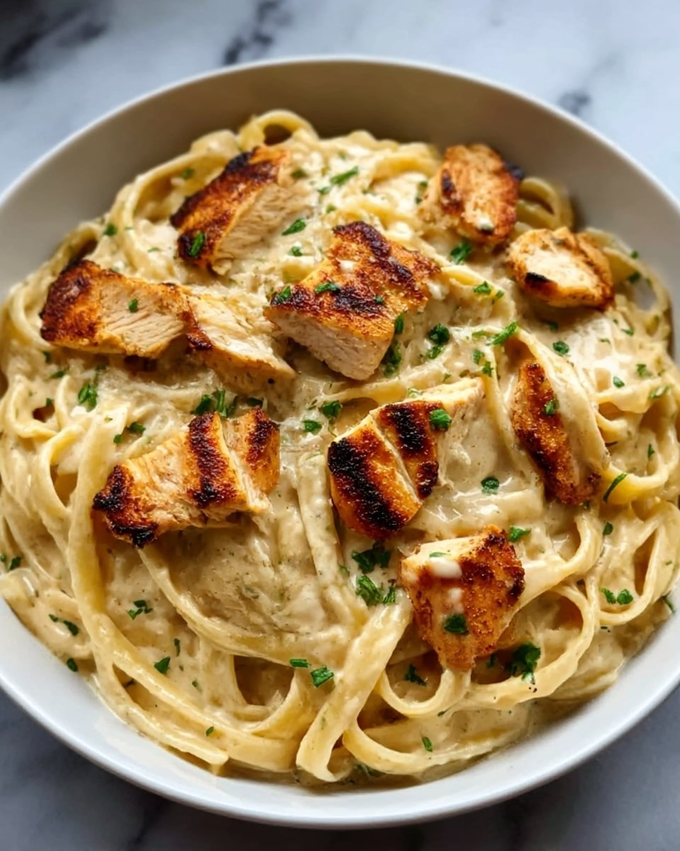 A white bowl filled with creamy fettuccine Alfredo pasta topped with several pieces of golden brown grilled chicken, scattered with small green herbs. The pasta is smooth and coated in a rich, light beige sauce, and the chicken pieces are slightly charred on the edges, giving a textured look. The background is a white marbled surface. photo taken with an iphone --ar 4:5 --v 7