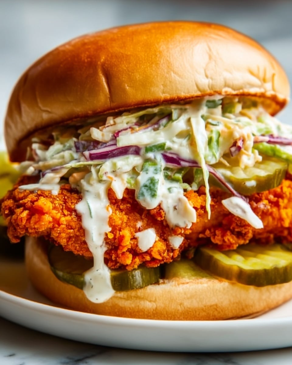 A close-up view of a crispy fried chicken sandwich with three distinct layers inside a soft, golden-brown bun. The top layer consists of creamy coleslaw with shredded green and purple cabbage mixed with a white dressing, dripping slightly over the edges. Below the coleslaw, there is a thick, crunchy, bright orange fried chicken fillet with a rough, textured coating. Underneath the chicken, there are several slices of green pickles peeking out. The sandwich sits on a white plate on a white marbled surface. Photo taken with an iphone --ar 4:5 --v 7