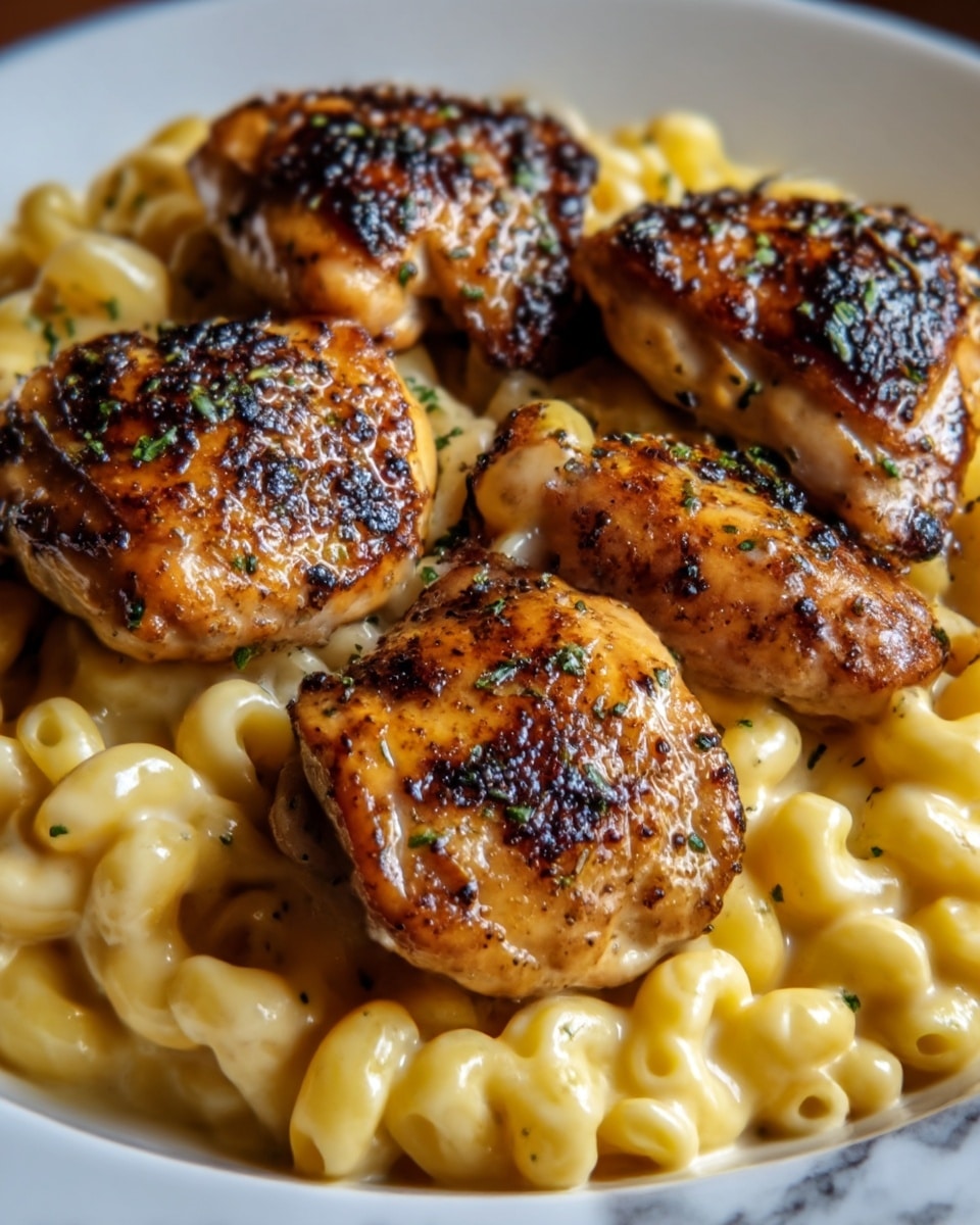 The image shows a close-up of a white plate filled with creamy yellow macaroni pasta at the bottom, topped with four grilled chicken thighs that have a golden-brown color with charred marks and sprinkled green herbs. The chicken pieces look juicy and slightly shiny, sitting neatly over the pasta. The plate is placed on a white marbled surface. Photo taken with an iphone --ar 4:5 --v 7