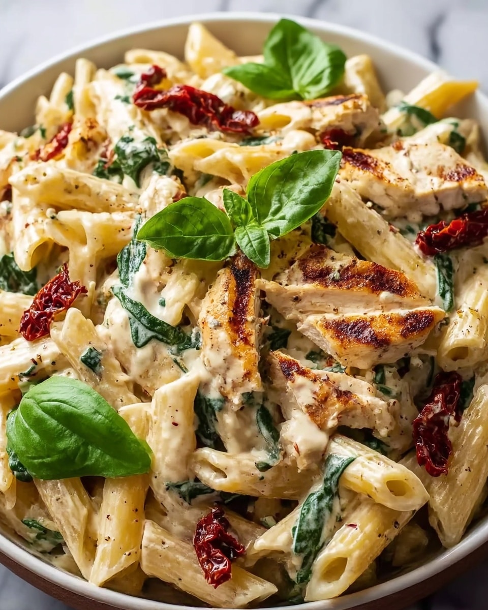 A close-up of creamy pasta with penne tossed in a white sauce, mixed with spinach and pieces of grilled chicken that are golden brown with grill marks, layered evenly over the pasta. Sun-dried tomatoes add texture and a deep red color, scattered on top and between the pasta. Fresh green basil leaves are placed on top as a garnish, creating bright spots of color. The dish is served in a white bowl on a white marbled surface. Photo taken with an iphone --ar 4:5 --v 7