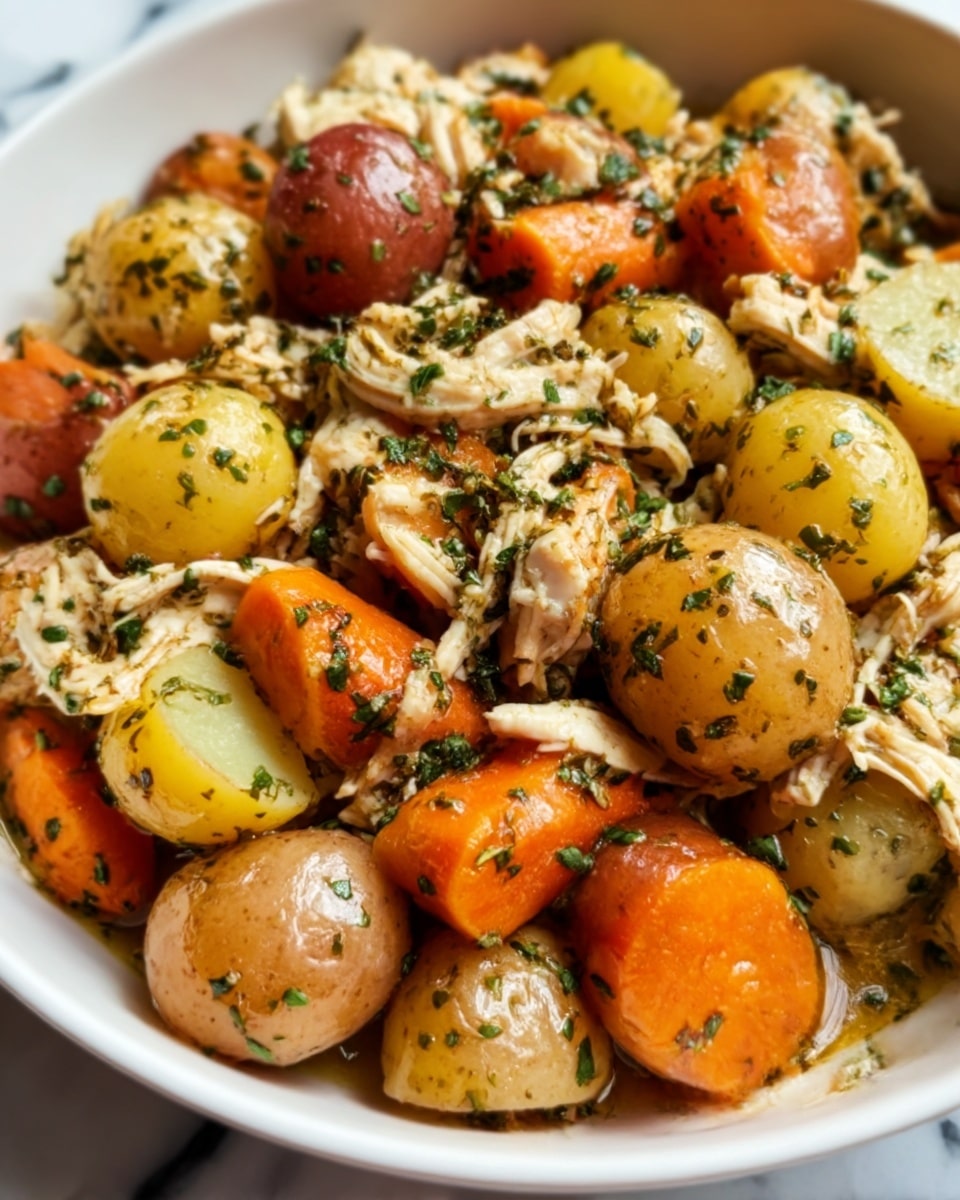 The image shows a close-up of a white bowl filled with a cooked dish containing shredded chicken, small yellow and red potatoes, and large chunks of orange carrots. The chicken is mixed with chopped green herbs sprinkled evenly on top and throughout the dish. The potatoes have a glossy texture, and the carrots appear soft with slight wrinkles. The ingredients are layered naturally, without clear separation, creating a warm, home-cooked look. The bowl sits on a white marbled surface. Photo taken with an iphone --ar 4:5 --v 7