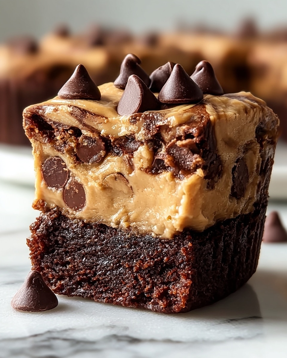 The image shows a close-up of a two-layered chocolate dessert with the top layer cut to reveal its inside. The bottom layer looks like a dark, moist chocolate cake with a slightly rough texture, while the upper layer is a creamy light brown peanut butter swirl mixed with darker chocolate chunks. On top of the dessert, there are several dark chocolate chips scattered around. The dessert is placed on a white marbled surface, and the overall look is rich and inviting. photo taken with an iphone --ar 4:5 --v 7