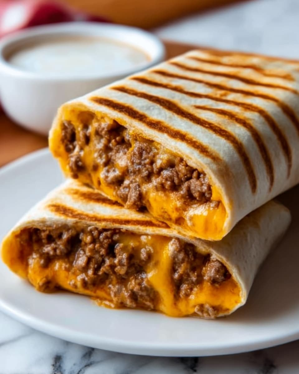 A close-up photo shows a grilled burrito cut in half, placed on a white plate. The burrito is wrapped in a golden-brown grilled tortilla with clear char lines on top. Inside, you can see a layer of melted bright orange cheese mixed with cooked ground beef that looks juicy and rich in color. In the background, there is a white bowl of sauce slightly out of focus. The whole scene is set on a white marbled surface. Photo taken with an iphone --ar 4:5 --v 7