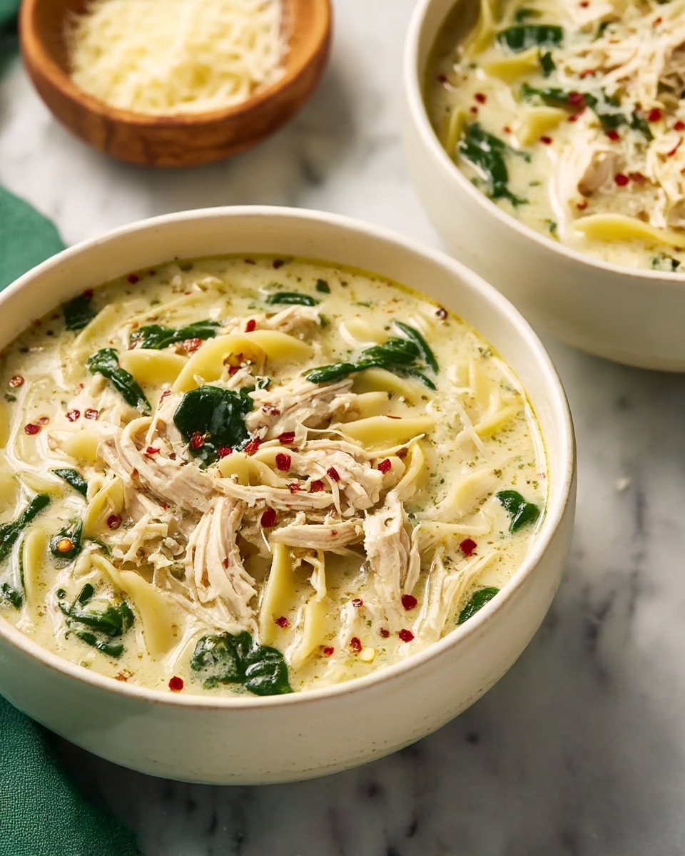 A large white bowl filled with creamy chicken noodle soup layered with tender shredded chicken, pale yellow noodles, and bright green spinach leaves all mixed in a thick, light beige broth with visible herbs and red pepper flakes sprinkled on top. The background shows another similar white bowl filled with the soup, accompanied by a small wooden bowl containing grated cheese, all set on a white marbled surface. Photo taken with an iphone --ar 4:5 --v 7