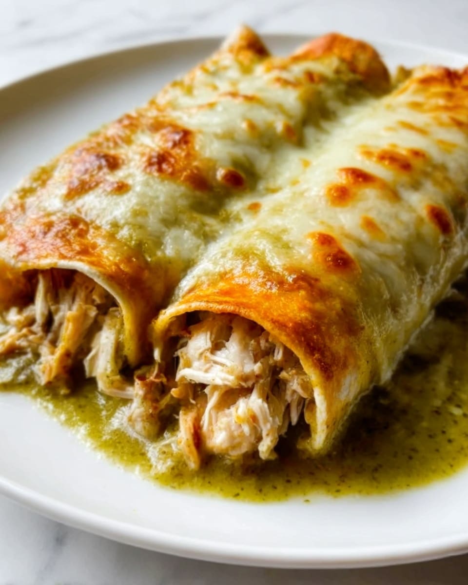 The image shows two rolled enchiladas on a white plate placed on a white marbled surface. Each enchilada has three visible layers: a soft, golden-brown tortilla on the outside, a middle layer filled with shredded chicken, and a smooth green sauce coating the bottom and some parts of the top. The top layer has melted, lightly browned cheese with small browned spots and a slightly crispy texture. The chicken inside looks moist with some white and light brown shades, and the green sauce looks thick and slightly chunky. Photo taken with an iphone --ar 4:5 --v 7