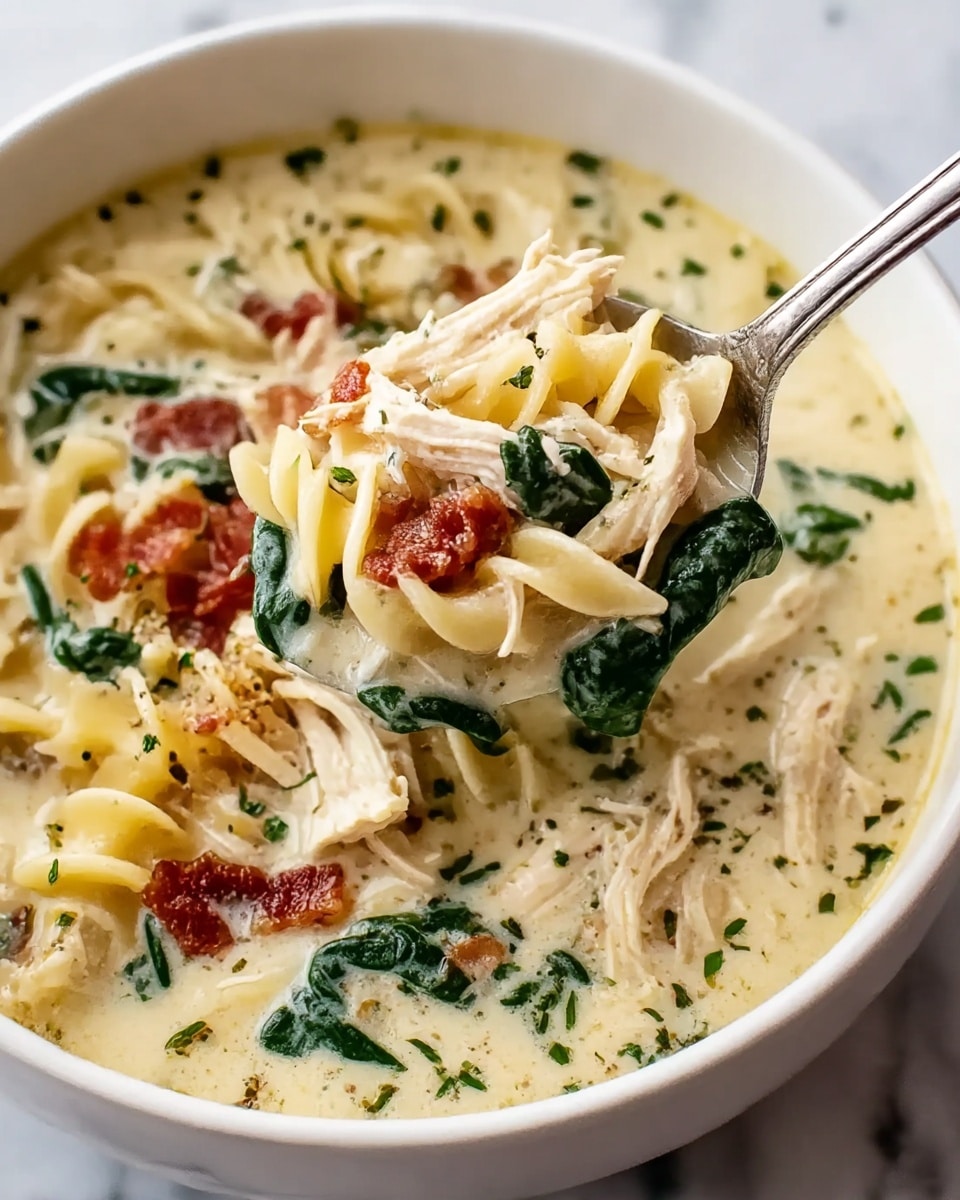 A close-up view of a white bowl filled with creamy soup that has a thick, pale yellow base. The soup is full of soft noodles that are light yellow and spiral-shaped, shredded pieces of light beige chicken, and dark green leafy spinach. Small bits of crispy reddish-brown bacon and sprinkled green herbs float on the surface, adding texture and color contrast. A spoon lifting a portion of the soup shows the noodles, spinach, and chicken clearly. The bowl rests on a white marbled surface. Photo taken with an iphone --ar 4:5 --v 7