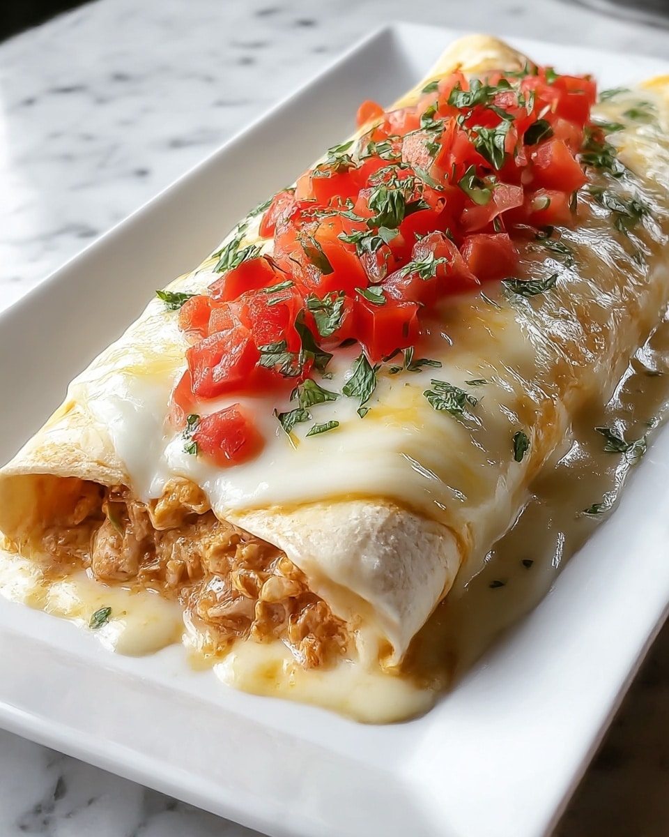 A single rolled enchilada sits on a white rectangular plate with a white marbled texture underneath. The enchilada has three visible layers: the base is a soft flour tortilla filled with a chunky, light brown chicken mixture, followed by a thick, creamy layer of melted white cheese that oozes over the edges. On top is a fresh red layer of finely diced tomatoes mixed with small green cilantro leaves sprinkled throughout. The cheese appears smooth and slightly stretchy, covering the enchilada like a blanket with small spots of light yellow where the cheese has browned slightly photo taken with an iphone --ar 4:5 --v 7