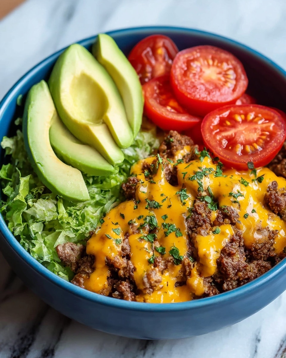 A blue bowl filled with a layered dish sitting on a white marbled texture. The bottom layer is finely chopped lettuce on the left side. On top of the lettuce are three slices of creamy, light green avocado placed near the center. Next to the avocado on the right are thinly sliced red tomatoes. The main center layer is browned, crumbled ground beef with a slightly rough texture. Drizzled generously over the beef is a bright orange-yellow melted cheddar cheese sauce. The dish is sprinkled with small green herb pieces for garnish. Photo taken with an iphone --ar 4:5 --v 7