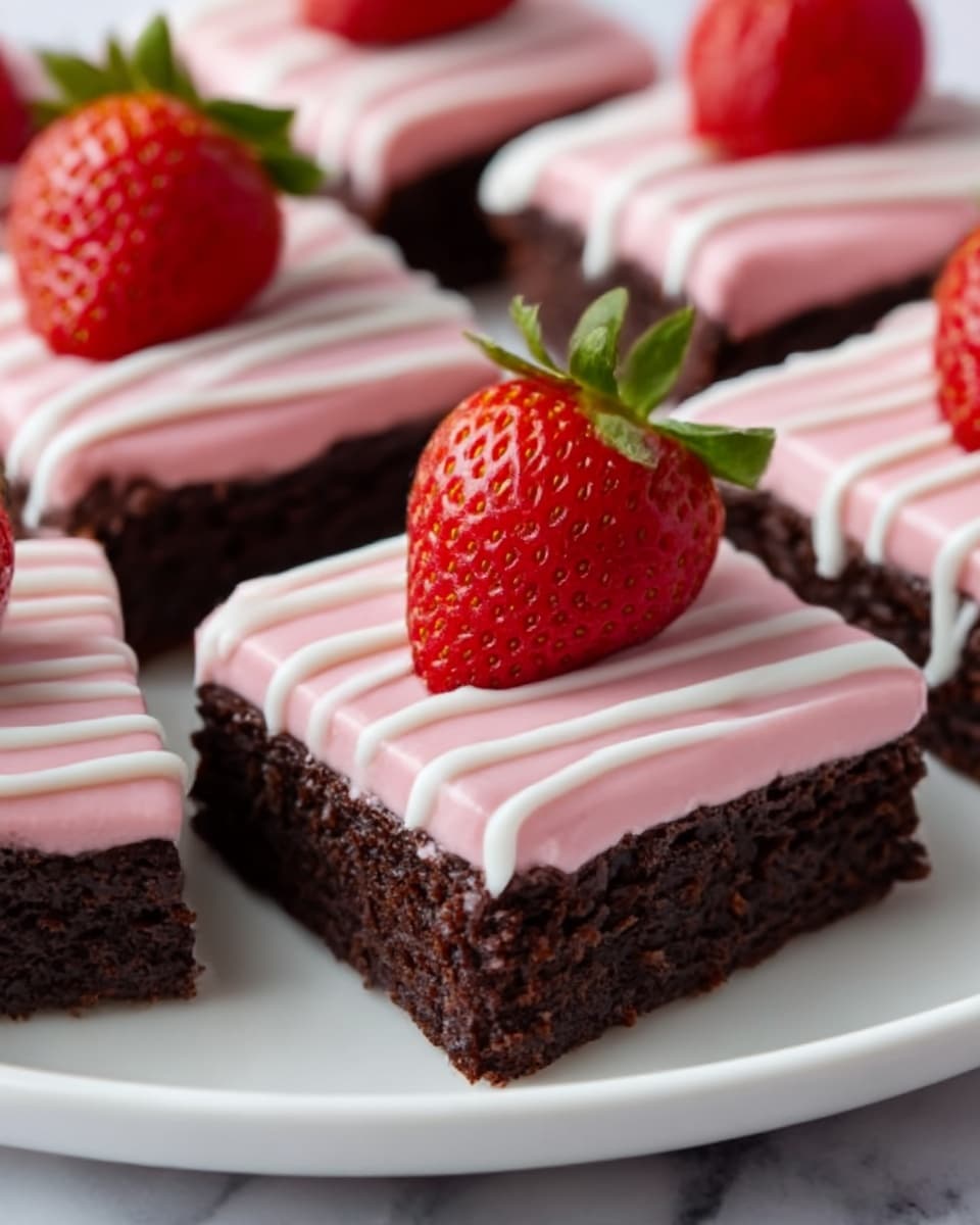 The image shows square-shaped chocolate brownies arranged closely on a white plate placed on a white marbled surface. Each brownie has a thick, smooth pink frosting layer on top, with light white drizzle lines running horizontally across the frosting. On top of each brownie sits one fresh bright red strawberry with green leaves, centered and upright, adding a fresh and colorful contrast to the rich chocolate and pink frosting below. The texture of the brownies looks moist and dense, while the frosting is creamy and glossy. Photo taken with an iphone --ar 4:5 --v 7