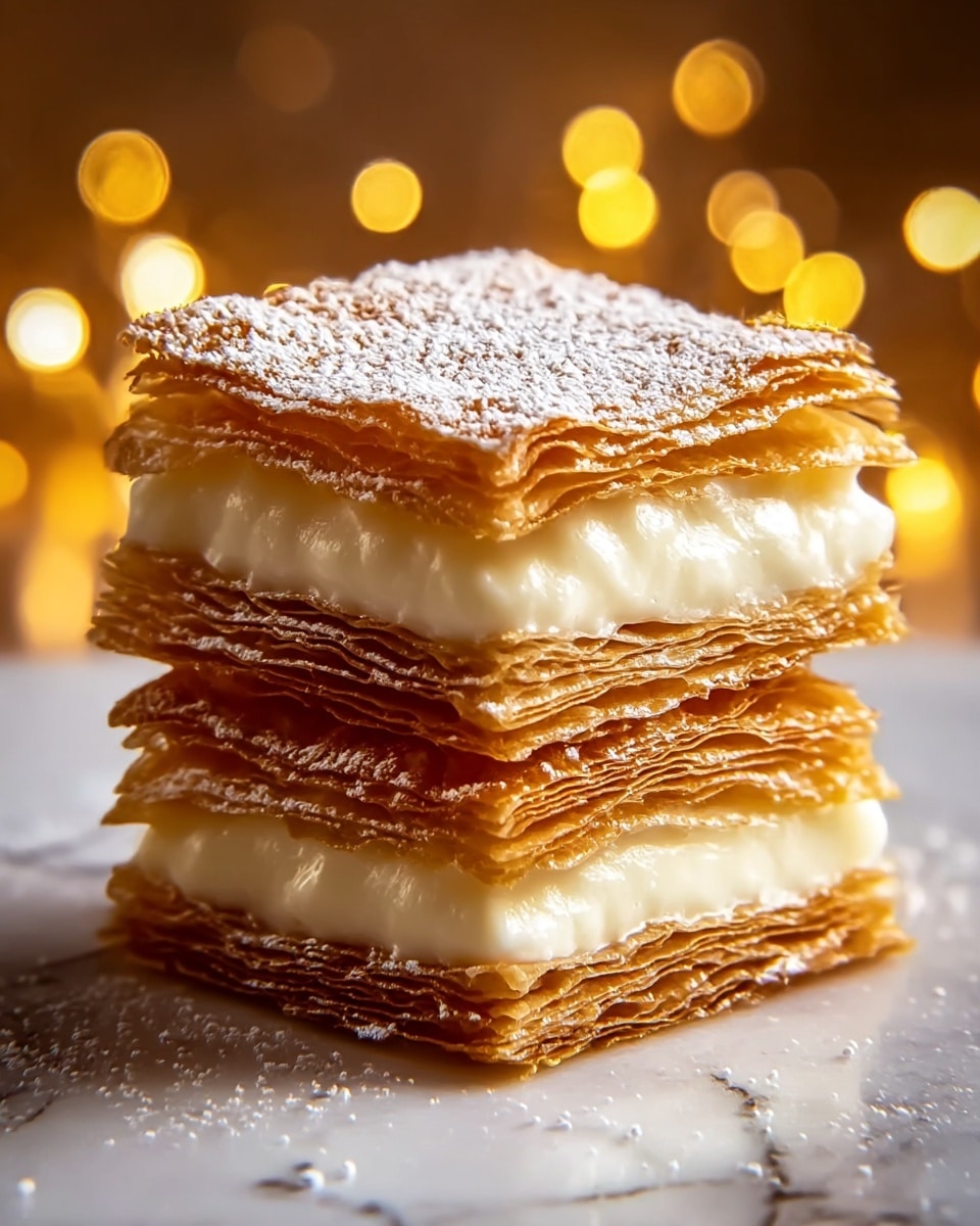 The image shows a close-up of a stack of three square-shaped pastry layers with creamy white filling between each layer. The pastry layers are golden brown, flaky, and textured with many thin crispy layers. The creamy filling looks smooth and thick, sitting evenly between the pastry layers. The top pastry layer is dusted lightly with powdered sugar. The entire stack sits on a surface with a white marbled texture, with warm bokeh lights softly glowing in the blurred background. photo taken with an iphone --ar 4:5 --v 7