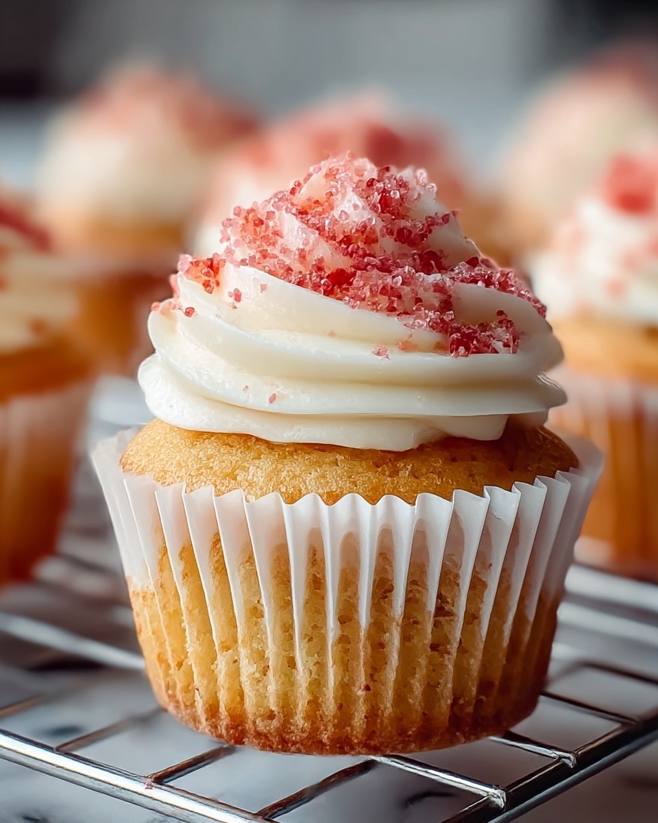A single cupcake with one layer of golden-brown cake, wrapped in a white paper liner, topped with one thick swirl layer of smooth white cream frosting that peaks at the top, sprinkled generously with small pinkish-red sugar crystals. The cupcake is placed on a metal rack with blurred similar cupcakes in the background, all on a white marbled surface. photo taken with an iphone --ar 4:5 --v 7
