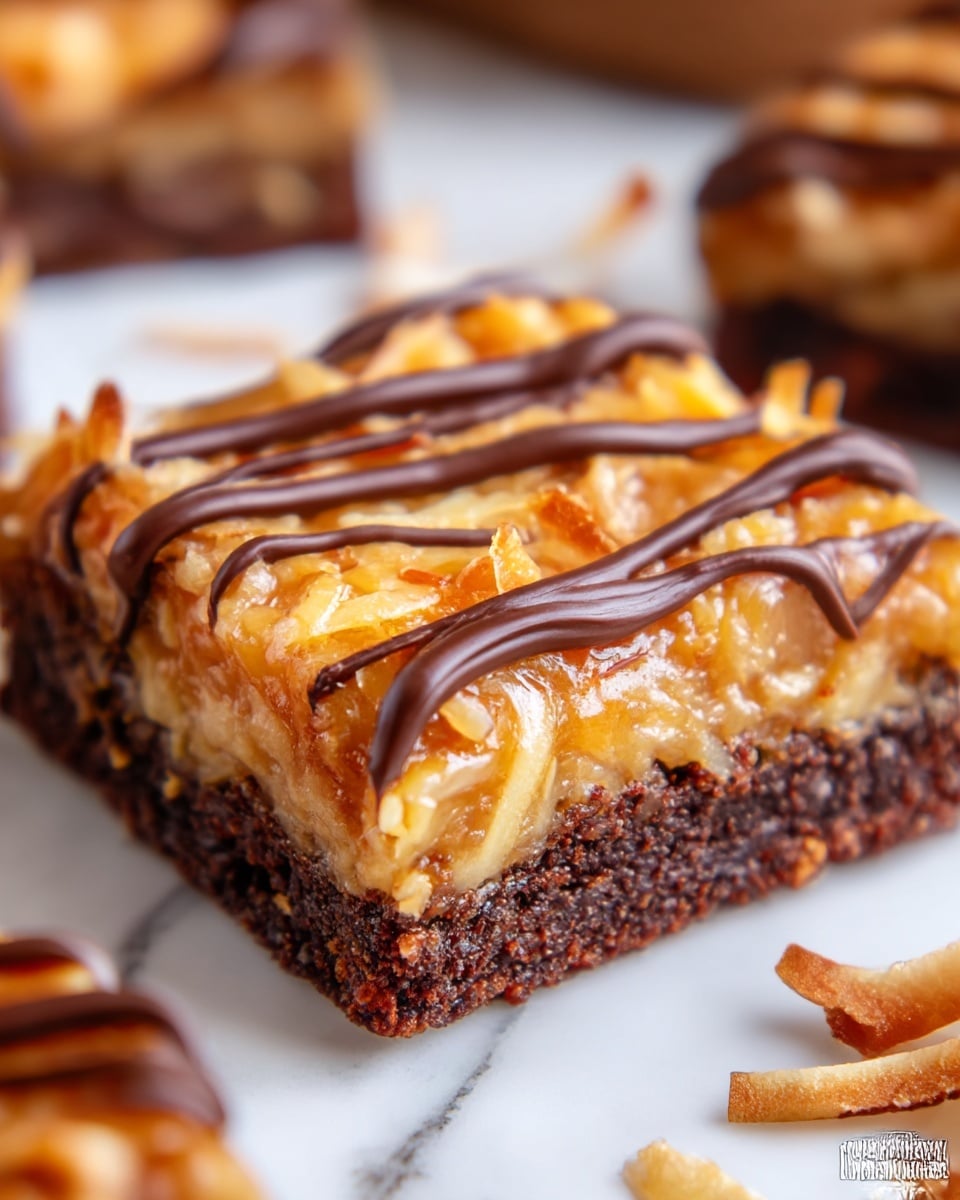 A close-up image of a square two-layer dessert bar on a white marbled texture. The bottom layer is thick, dark brown, and crumbly, resembling a chocolate brownie base. The top layer is a glossy, golden caramel mixed with shredded coconut, creating a textured surface with light orange and beige tones. Thin, curved lines of dark chocolate drizzle lie on the top, adding a contrasting smooth dark brown color. Some toasted coconut flakes are scattered in the background out of focus. The photo taken with an iphone --ar 4:5 --v 7