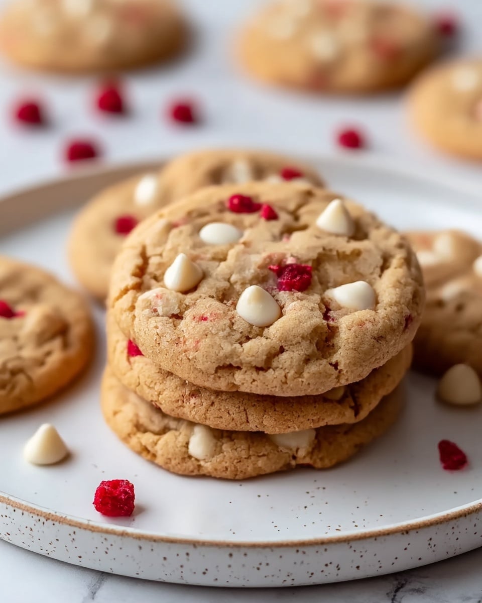 The image shows a close-up view of several soft brown cookies stacked on a white plate with a slightly speckled edge. Each cookie has visible white chocolate chips and small red bits, scattered unevenly across the surface, giving a textured and slightly cracked look. The cookies appear thick and chewy with a warm, golden-baked color. In the blurred background, more cookies and red berry-like pieces can be seen, all placed on a white marbled surface, creating a clean and bright setting. photo taken with an iphone --ar 4:5 --v 7