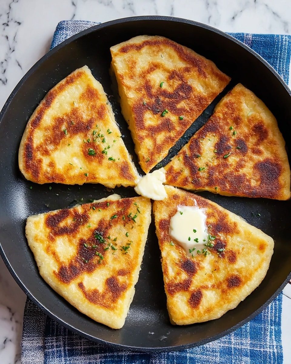 In a black pan, five triangular pieces of golden brown flatbread are arranged in a circle with their pointed ends facing inward. Each piece has a crispy, unevenly browned surface with some darker spots and is sprinkle with small green herbs, adding color contrast. Near the center, there is a small white dollop of melted butter or cream that is slightly melted and glossy. The pan rests on a blue and white striped cloth, all set on a white marbled surface. photo taken with an iphone --ar 4:5 --v 7