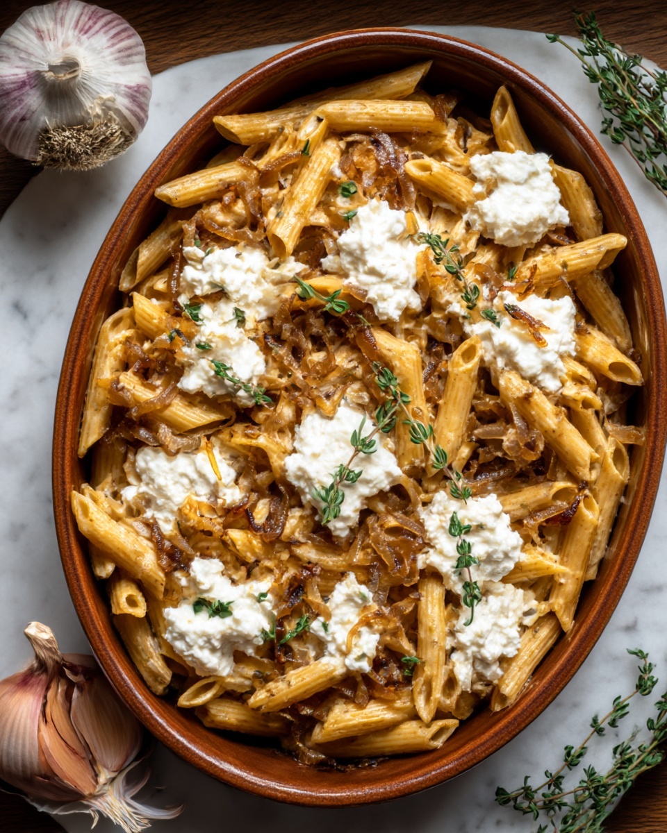 This image shows a brown oval ceramic bowl filled with pasta that looks like penne or ziti. The pasta is covered with a mix of caramelized onions, giving a golden-brown and slightly dark texture on top. Dollops of white, soft cheese are spread across the pasta evenly, adding a creamy contrast to the dish. A few small green herb sprigs, likely thyme, are placed on top to add color and freshness. The bowl is placed on a white marbled surface, with a garlic bulb and more herbs nearby. Photo taken with an iphone --ar 4:5 --v 7