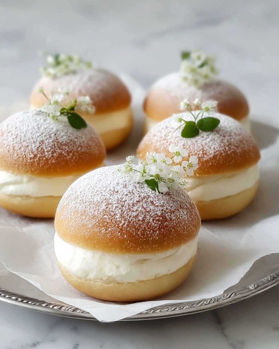 The image shows four round cream-filled buns placed on white parchment paper inside a silver plate. Each bun has two layers: a golden brown top and bottom bread layer with a thick white creamy filling in the middle. The tops of the buns are dusted with a fine layer of powdered sugar, giving a soft white texture. Delicate small white flowers with green leaves are placed on top of each bun as decoration. The background is a white marbled texture, enhancing the light and soft look of the buns. photo taken with an iphone --ar 4:5 --v 7