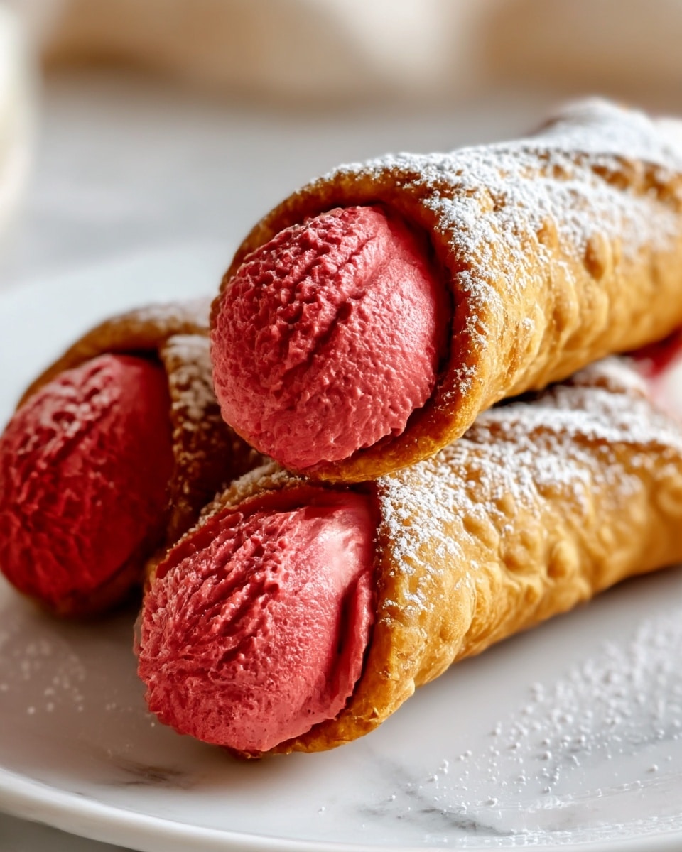 Three crispy, golden-brown cannoli shells filled with a thick, smooth red cream, slightly textured on top, with a light dusting of white powdered sugar on the cream edges and the shells, all stacked closely on a white plate that sits on a white marbled surface, with soft warm light in the background creating a cozy feeling; photo taken with an iphone --ar 4:5 --v 7