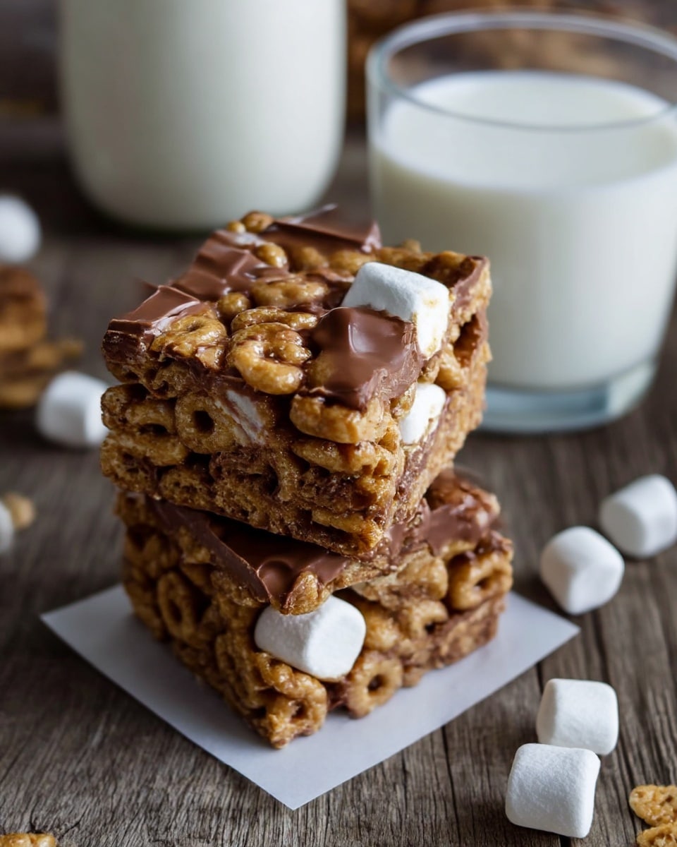 A close-up image of two square cereal bars stacked on top of each other with a rough texture. The top layer shows a mix of crunchy light brown cereal pieces coated with smooth, glossy milk chocolate and a few small white marshmallows nestled in between. The bars sit on a small white paper square placed on a rustic wooden surface. In the background, there is a clear glass filled with white milk and some scattered white marshmallows and cereal pieces near the base of the glass. Photo taken with an iphone --ar 4:5 --v 7
