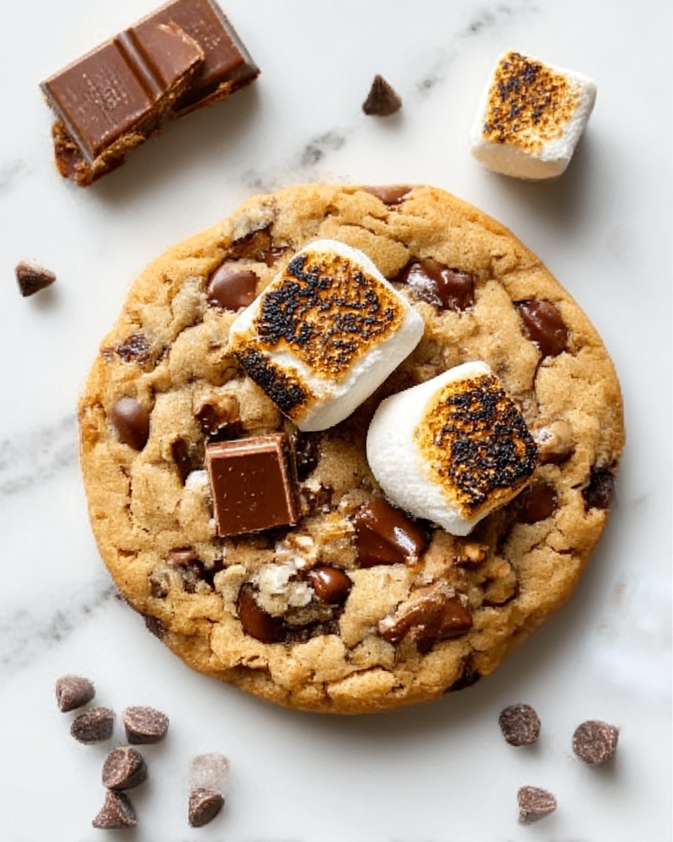 A large round cookie with a light brown dough base is shown on a white marbled surface. The cookie has visible chunks of melted chocolate mixed in, creating dark brown spots throughout the dough. On top of the cookie, there are two toasted marshmallows with a golden brown crust and slightly blackened edges, giving a crispy texture. Next to the marshmallows, small square pieces of chocolate are partially melted, showing a shiny smooth surface. Scattered around the cookie are small chocolate chips and a broken piece of chocolate bar in the background. photo taken with an iphone --ar 4:5 --v 7