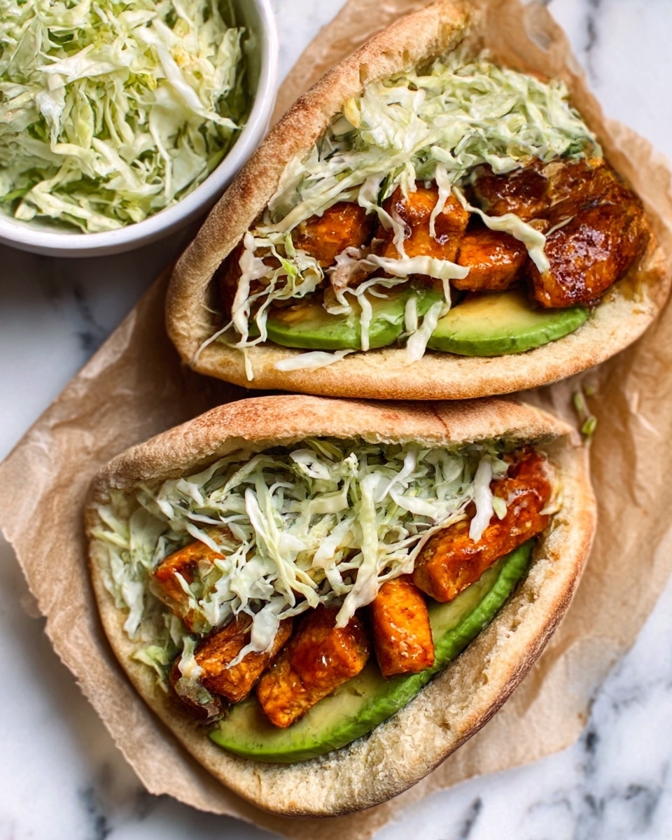 The image shows two sandwiches made with round, lightly toasted brown bread that is slightly cracked on top. Each sandwich is cut in half and filled with bright green avocado slices and dark, shiny pieces of grilled or roasted protein that looks glazed and sticky. On top of these layers is a generous amount of pale, shredded cabbage mixed with light green herbs, making a fresh, crunchy layer. The sandwiches are placed on a piece of brown paper on a white marbled surface. To the right, a white bowl filled with more shredded cabbage and herbs is visible, and a clear glass container with green herbs sits in the upper left corner. The light is soft, creating a fresh and natural look. photo taken with an iphone --ar 4:5 --v 7