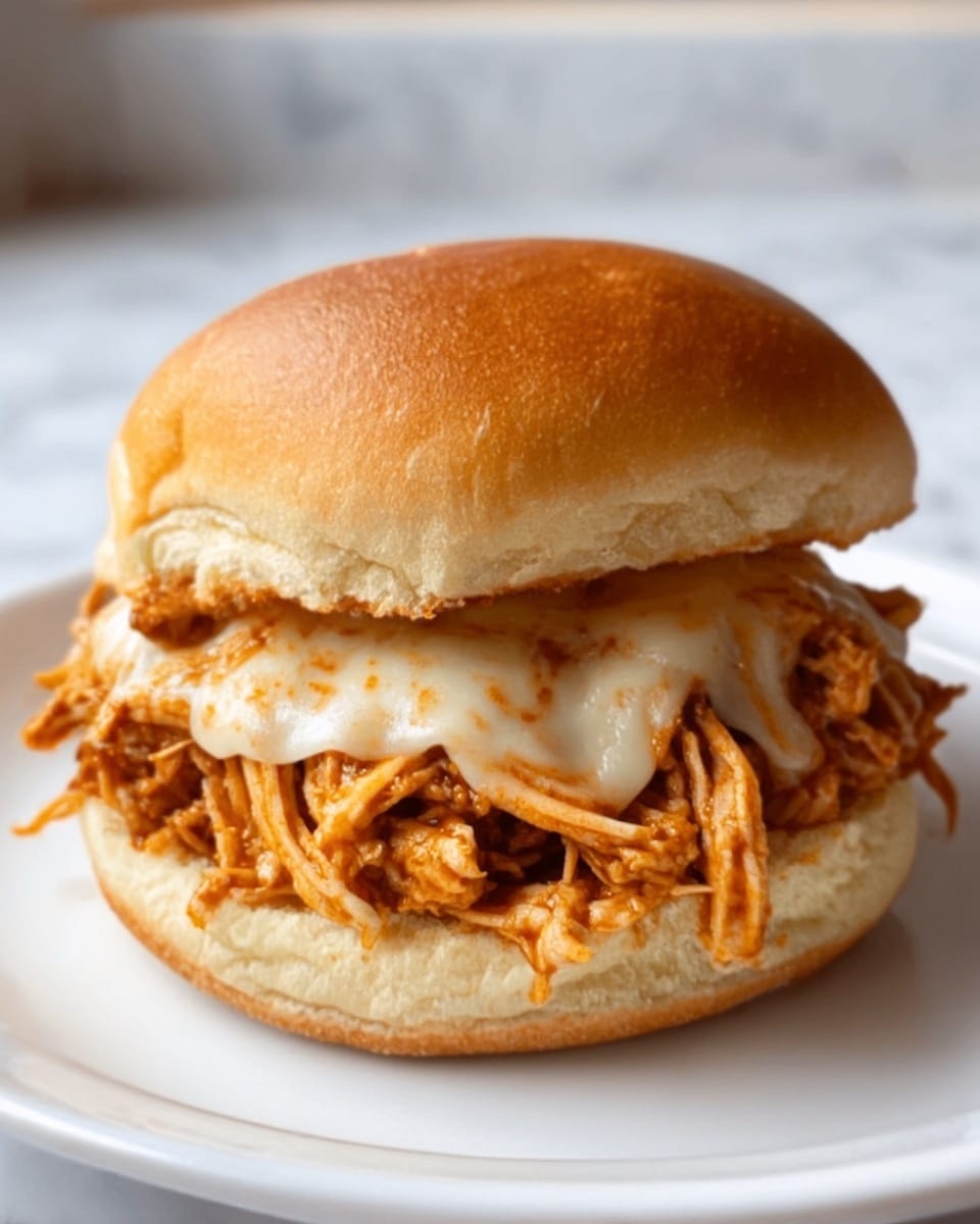 A close-up image of a shredded chicken sandwich on a soft, toasted bun. The sandwich has two layers: the bottom bun is light golden brown and soft, holding a thick layer of shredded chicken mixed with a reddish-brown sauce. On top of the chicken, there is melted white cheese that looks gooey and creamy. The top bun is also golden brown and slightly shiny, resting gently over the filling. The sandwich is placed on a white plate with a white marbled background behind it. photo taken with an iphone --ar 4:5 --v 7