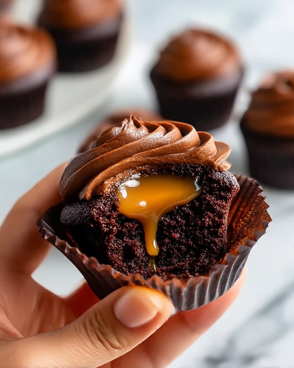 A close-up of a dark chocolate cupcake held by a woman's hand, showing three visible layers: a rich, dark chocolate cake base with a moist texture, a thick ring of smooth, swirled chocolate frosting around the top edge in medium brown color, and a glossy, golden caramel center flowing slightly over the cake edge. The cupcake liner is dark brown and peeled back to reveal the cake. In the blurry background, there are more similar cupcakes placed against a white marbled surface. Photo taken with an iphone --ar 4:5 --v 7