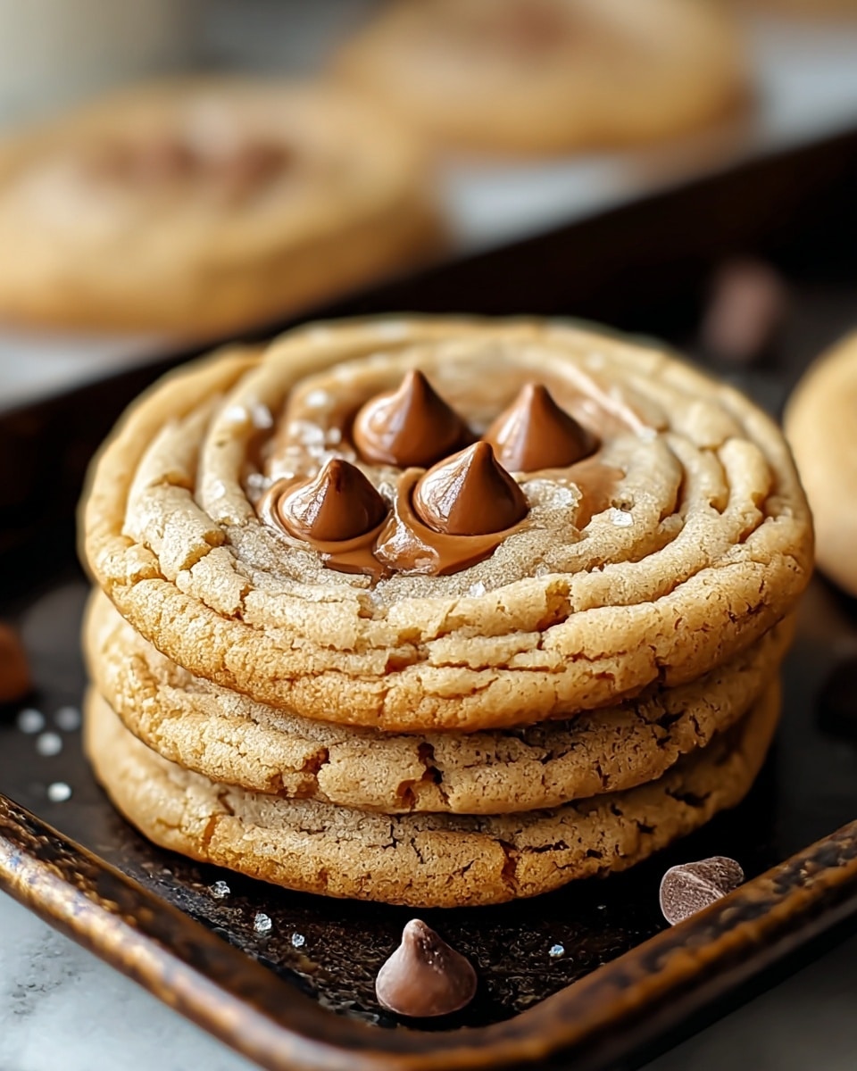 A close-up of two stacked cookies on a dark baking tray sitting on a white marbled surface, each cookie showing a golden-brown cracked outer layer with a soft, glossy center that is slightly darker and smoother, topped with a small cluster of shiny milk chocolate chips in the middle, the texture of the cookies looks chewy and fresh, with more blurred cookies and some chocolate chip pieces scattered in the background. Photo taken with an iphone --ar 4:5 --v 7