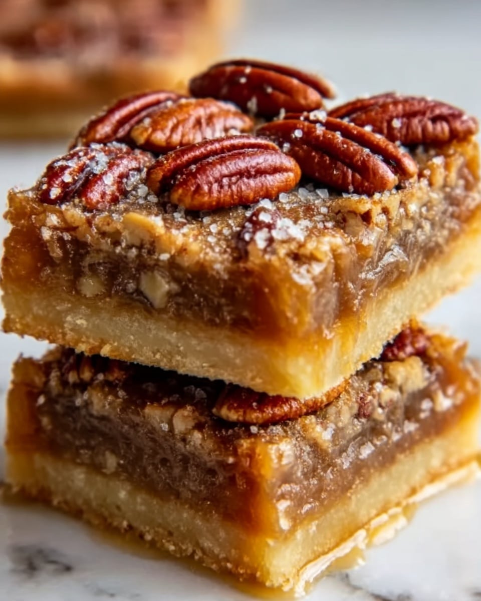 The image shows two square pieces of pecan pie bars stacked on top of each other on a white marbled surface. The bottom layer is a light golden, crumbly crust. Above the crust is a thick, gooey caramel filling with small bits of pecans mixed inside. The top layer is decorated with whole, glossy pecans and a sprinkling of coarse sugar, giving a crunchy texture. The bars have a shiny, sticky look from the caramel syrup oozing slightly around the edges. Photo taken with an iphone --ar 4:5 --v 7